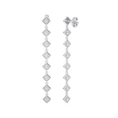 0.5 Ctw diamond 8 square 14K White gold long earrings moonlight collection