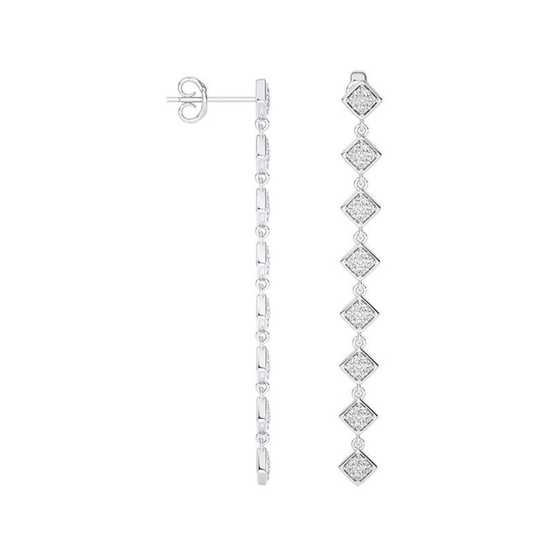 Taille ronde Boucles d'oreilles longues en or blanc 14 carats avec diamants 0,5 carat 8 carrés collection clair de lune en vente