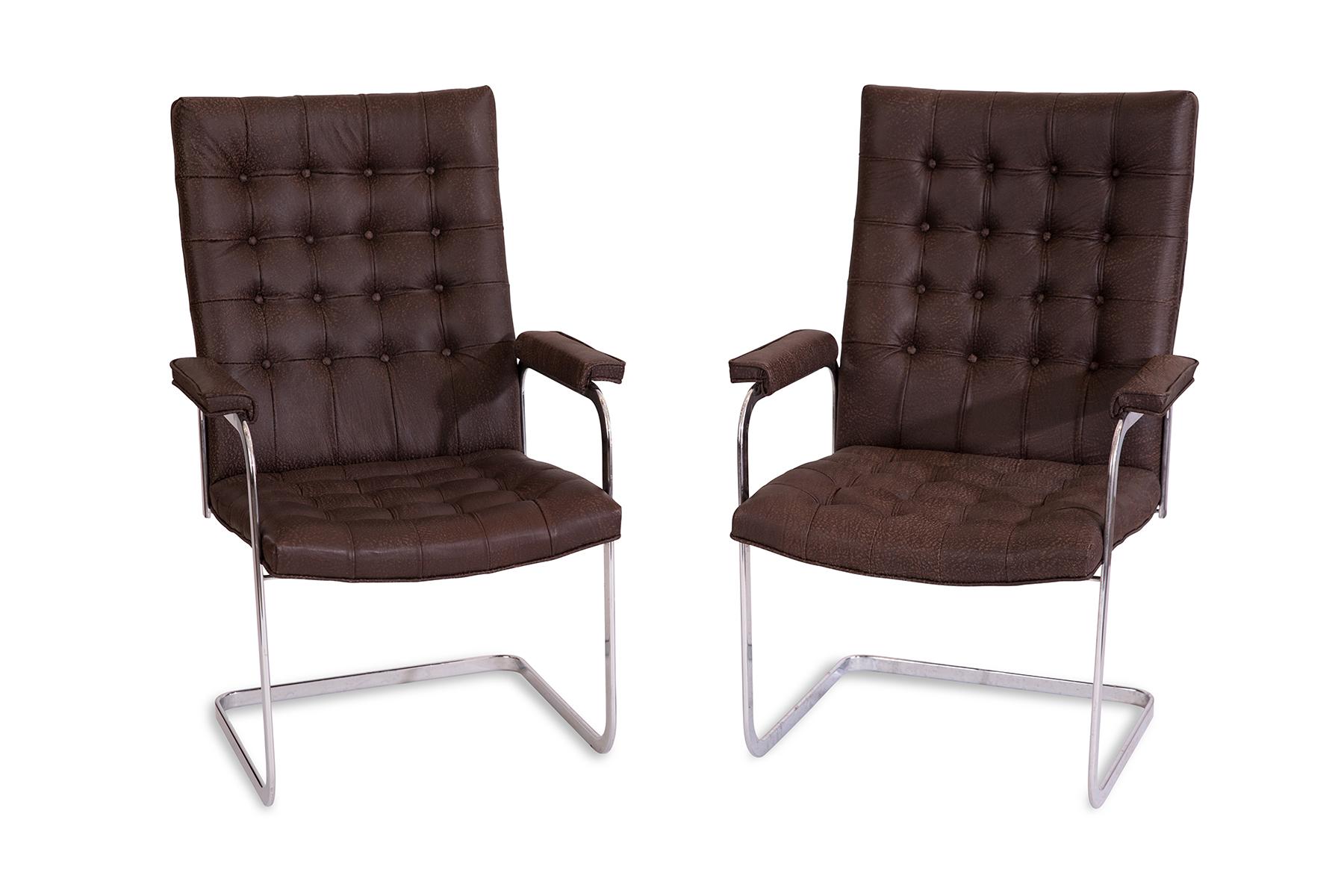 Set of 8 leather and mirror polished steel dining chairs by Stendig circa early 1970s. These examples have been newly upholstered in a pebbled chocolate brown leather. Price listed is for the set of 8.