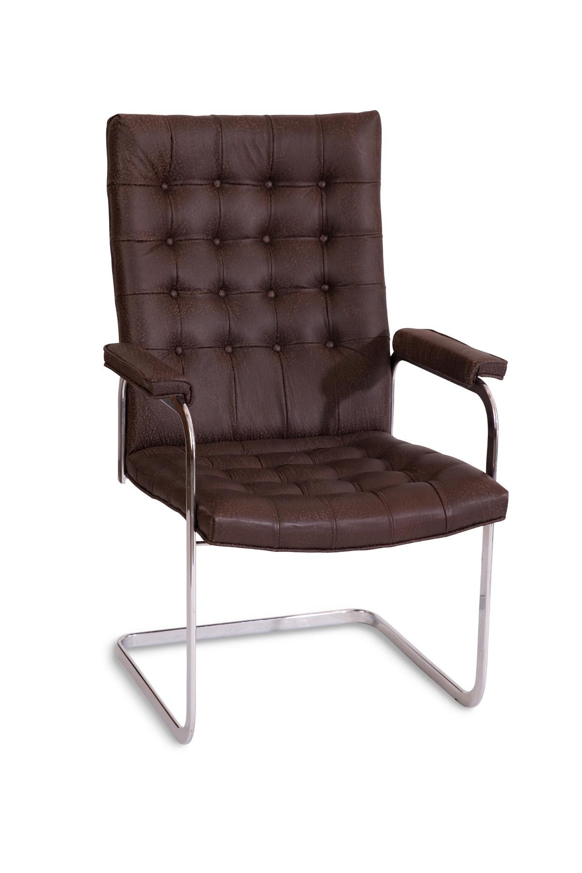 Italian Stendig Steel and Dark Brown Leather Cantilevered Dining Chairs