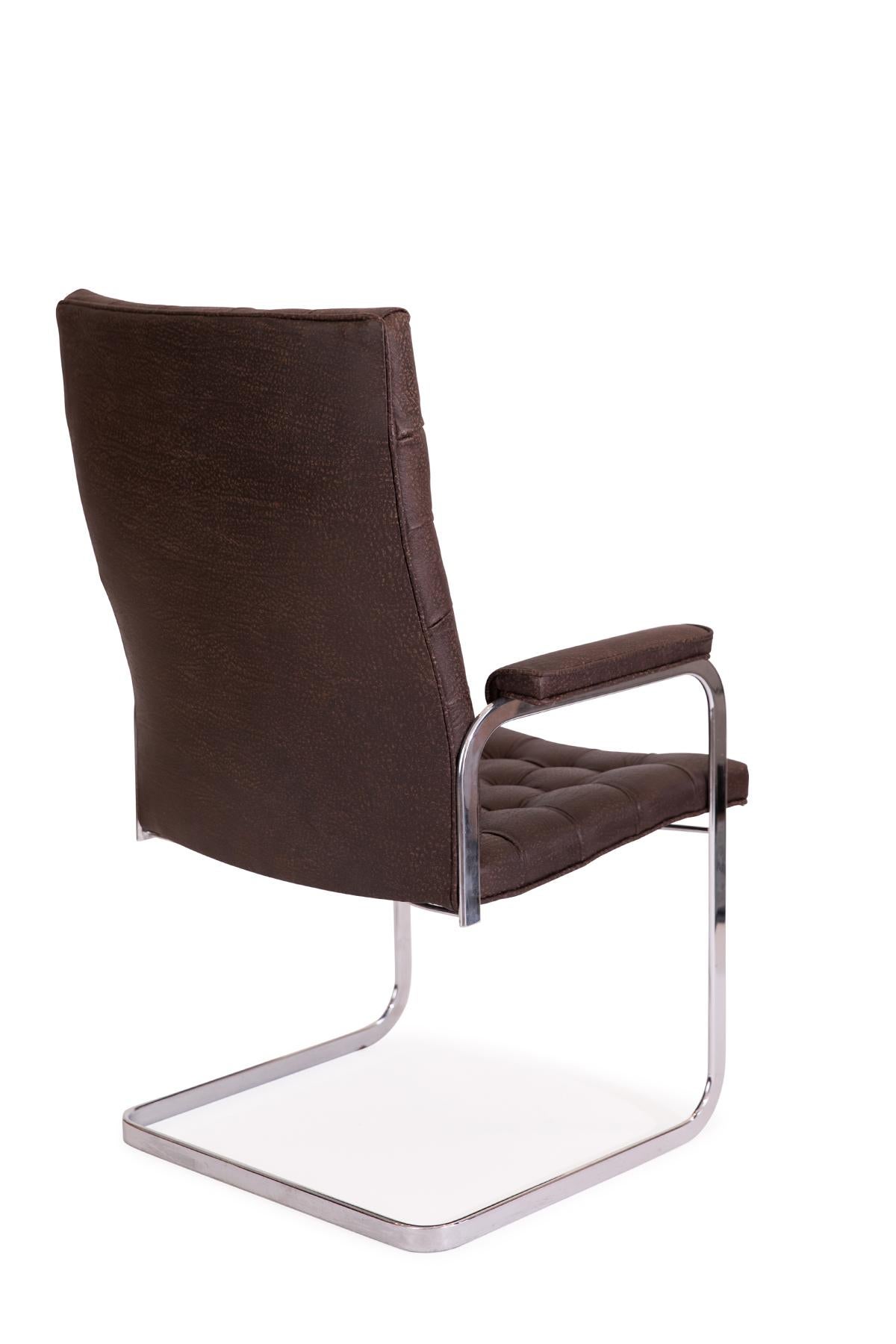 Late 20th Century Stendig Steel and Dark Brown Leather Cantilevered Dining Chairs