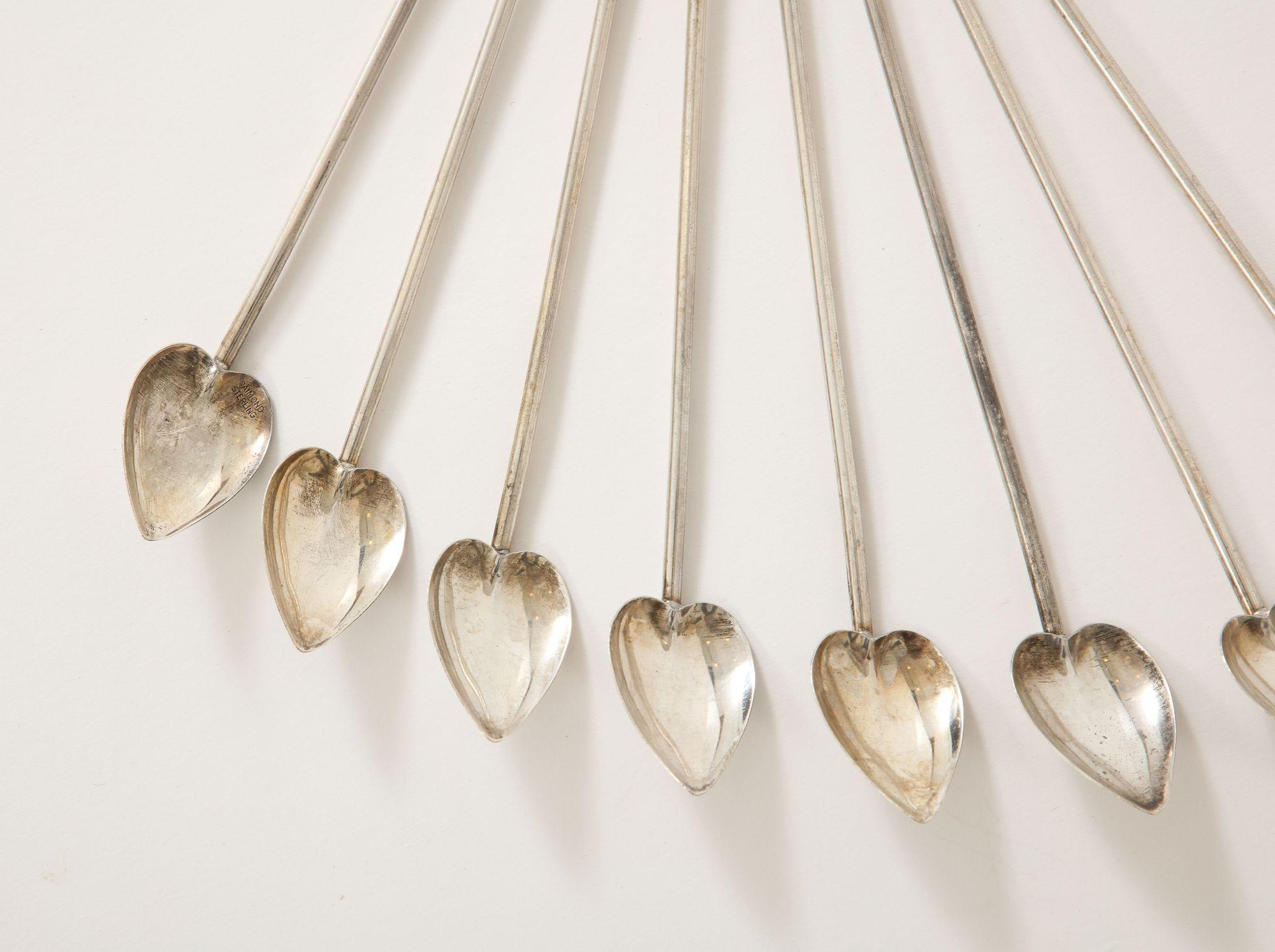 8 Sterling Silver Cocktail Heart Shaped Spoons/Straws In Good Condition For Sale In New York, NY