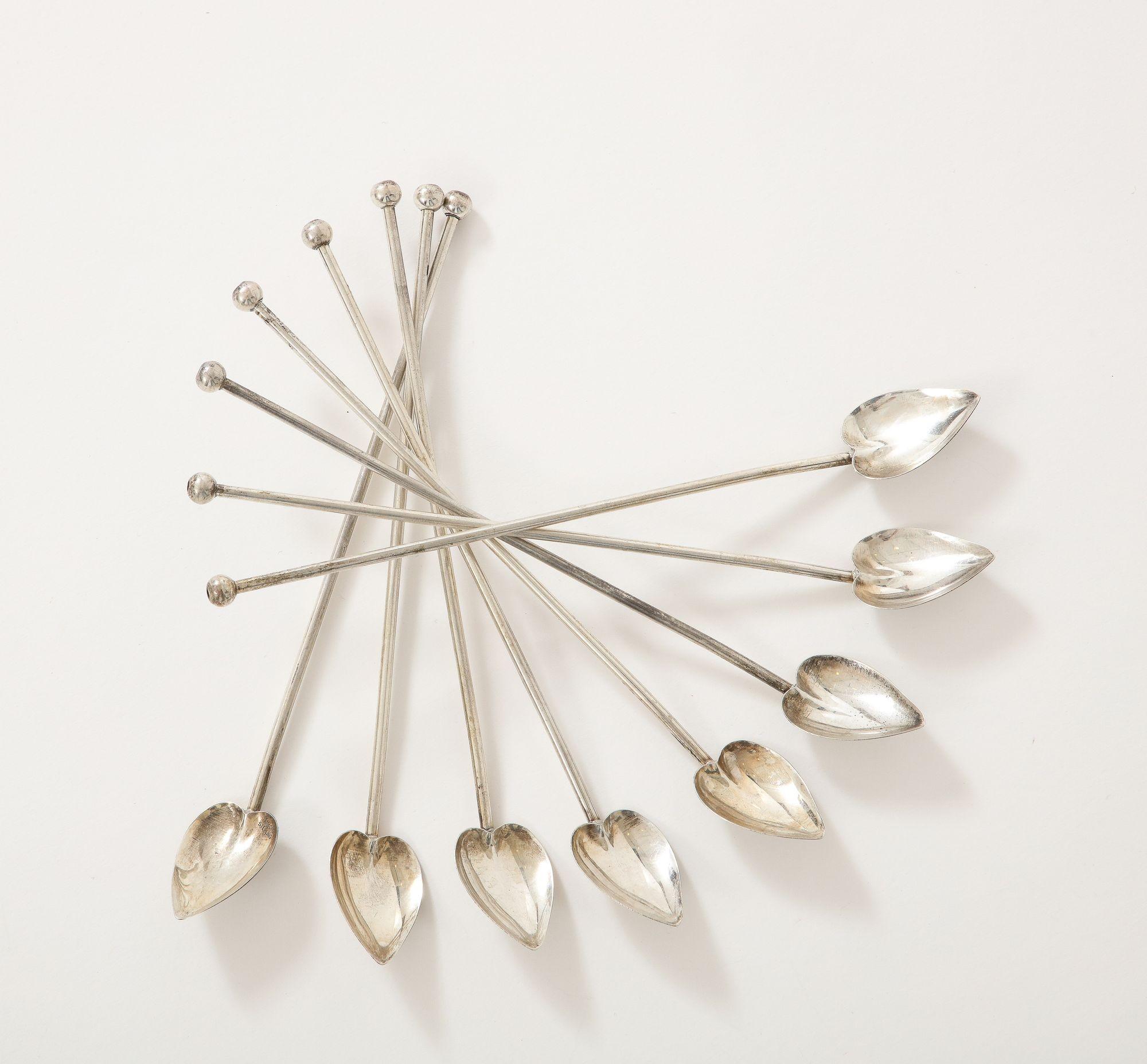 Mid-20th Century 8 Sterling Silver Cocktail Heart Shaped Spoons/Straws For Sale