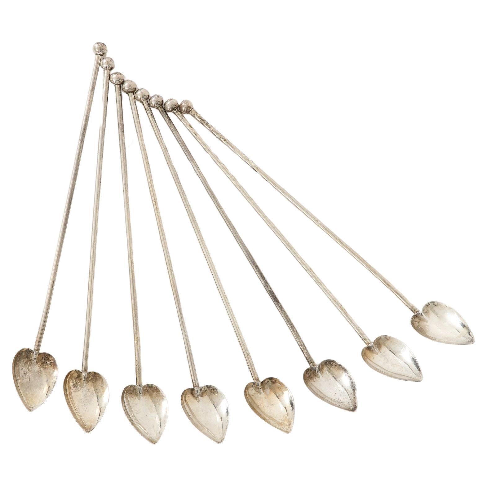 8 Sterling Silver Cocktail Heart Shaped Spoons/Straws For Sale