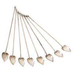 Retro 8 Sterling Silver Cocktail Heart Shaped Spoons/Straws