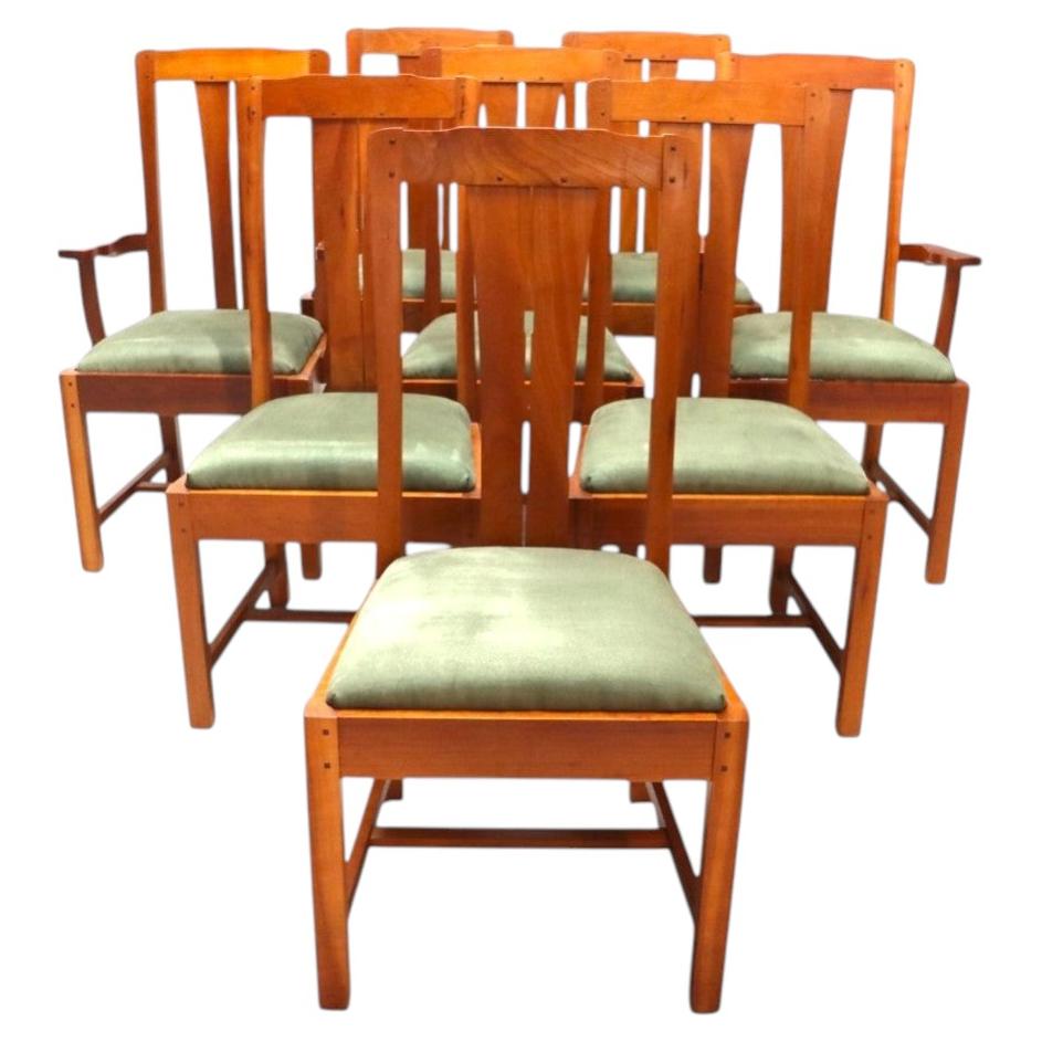8 Chaises de salle à manger en cerisier à dossier à lamelles The Artful & Greene Arts & Crafts 20thC