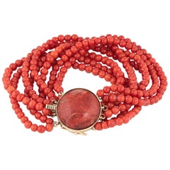 8 Strand Red Coral Bracelet Vintage 14 Karat Yellow Gold Estate Fine Jewelry