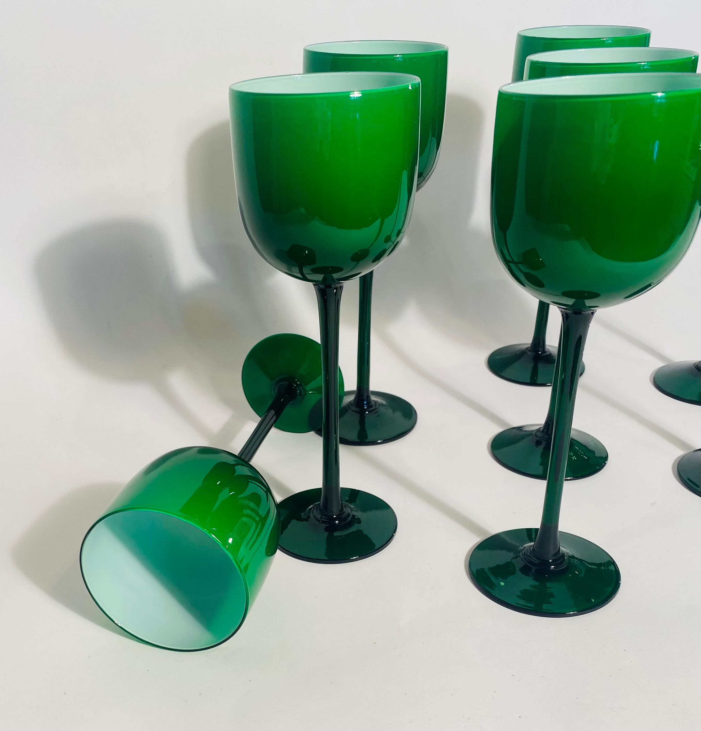 Mid-Century Modern 8 Tall Carlo Moretti Vibrant Green & White Cased Goblets. Vintage Circa 1960's
