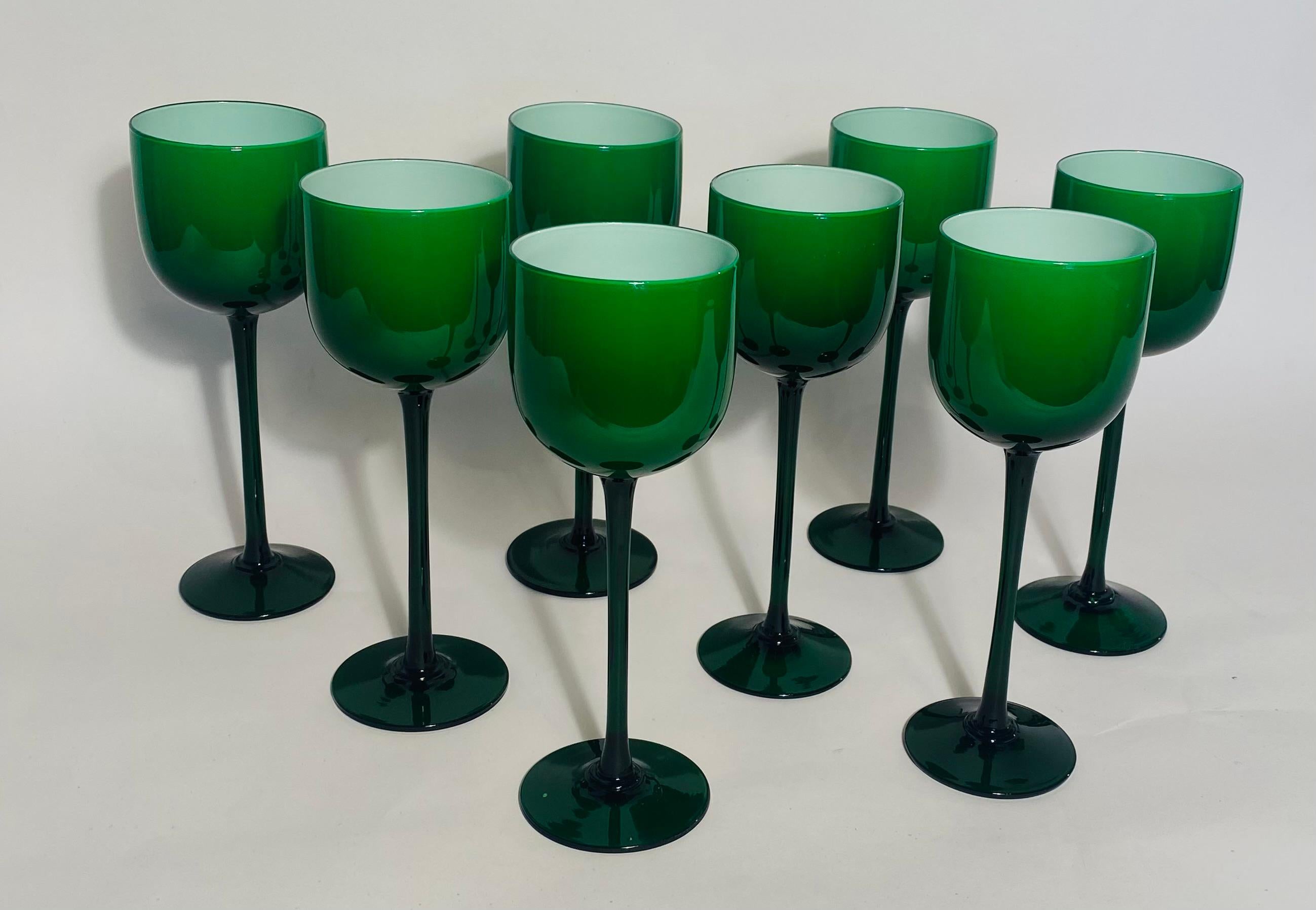 Italian 8 Tall Carlo Moretti Vibrant Green & White Cased Goblets. Vintage Circa 1960's