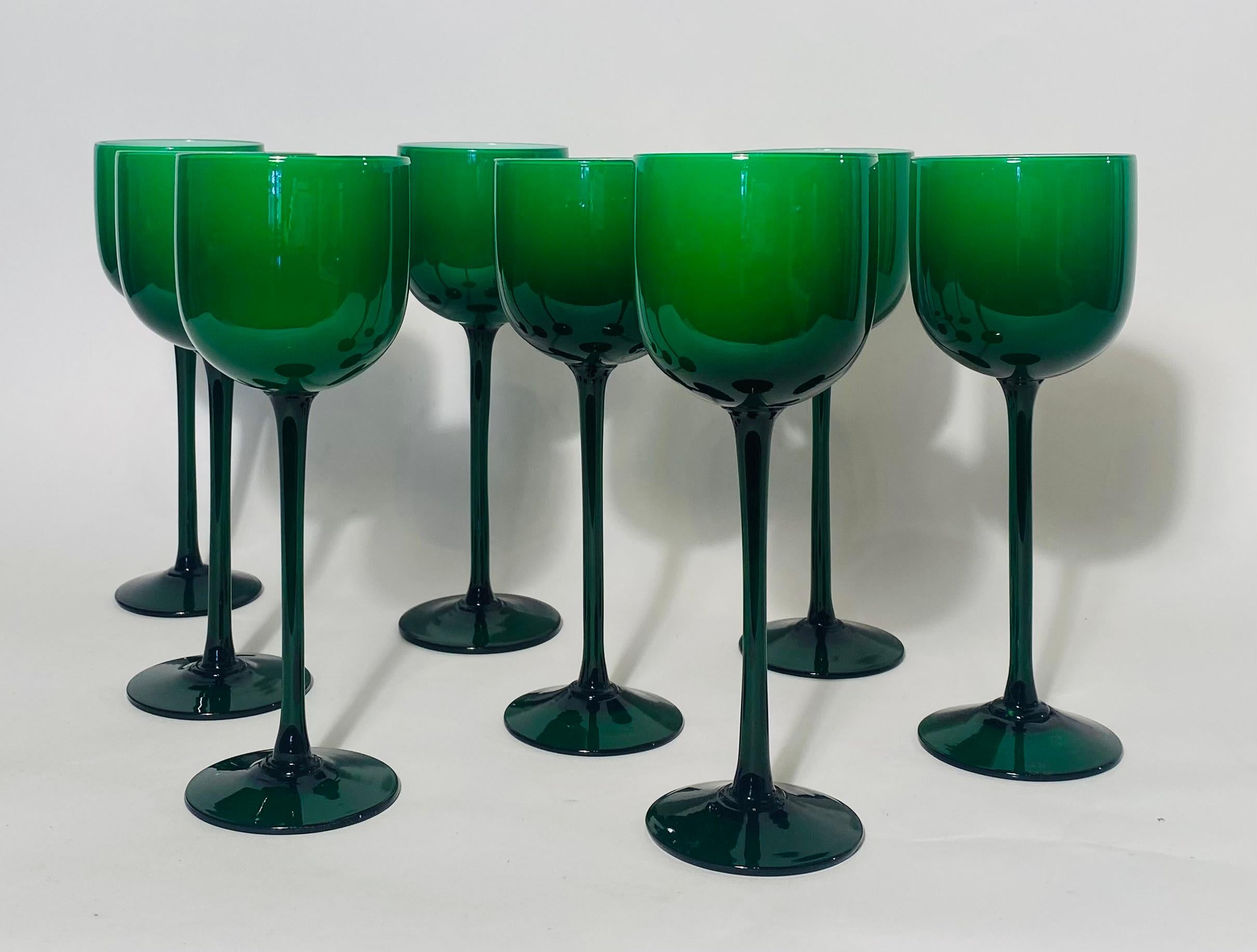 Hand-Crafted 8 Tall Carlo Moretti Vibrant Green & White Cased Goblets. Vintage Circa 1960's
