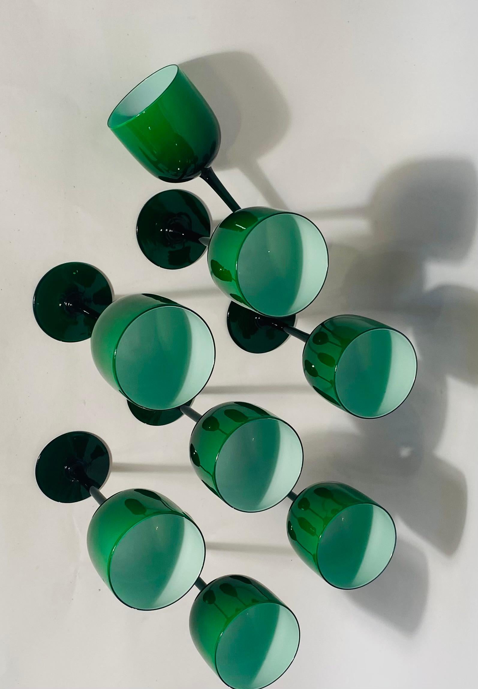 Mid-20th Century 8 Tall Carlo Moretti Vibrant Green & White Cased Goblets. Vintage Circa 1960's