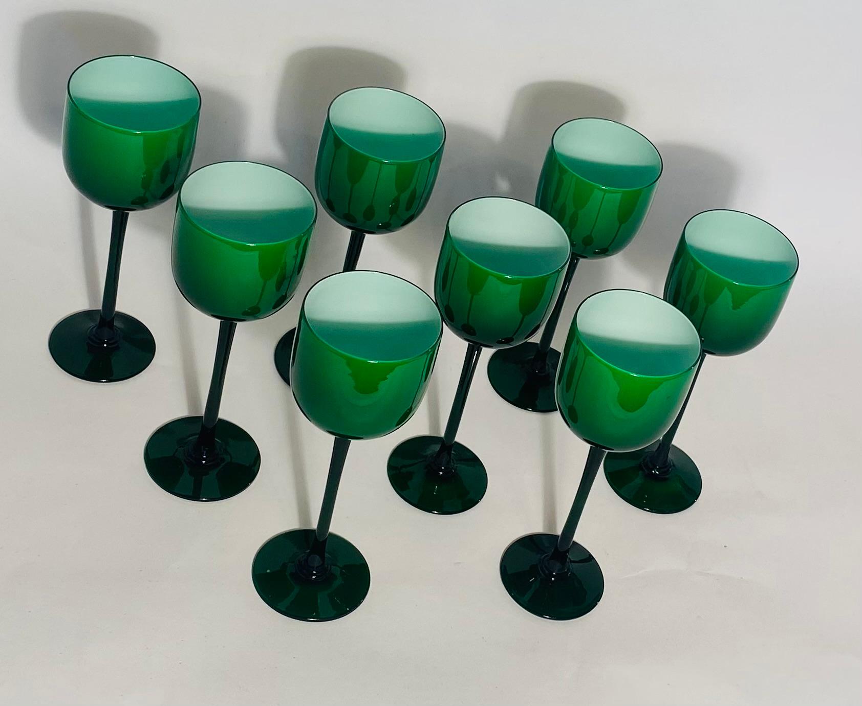 Blown Glass 8 Tall Carlo Moretti Vibrant Green & White Cased Goblets. Vintage Circa 1960's