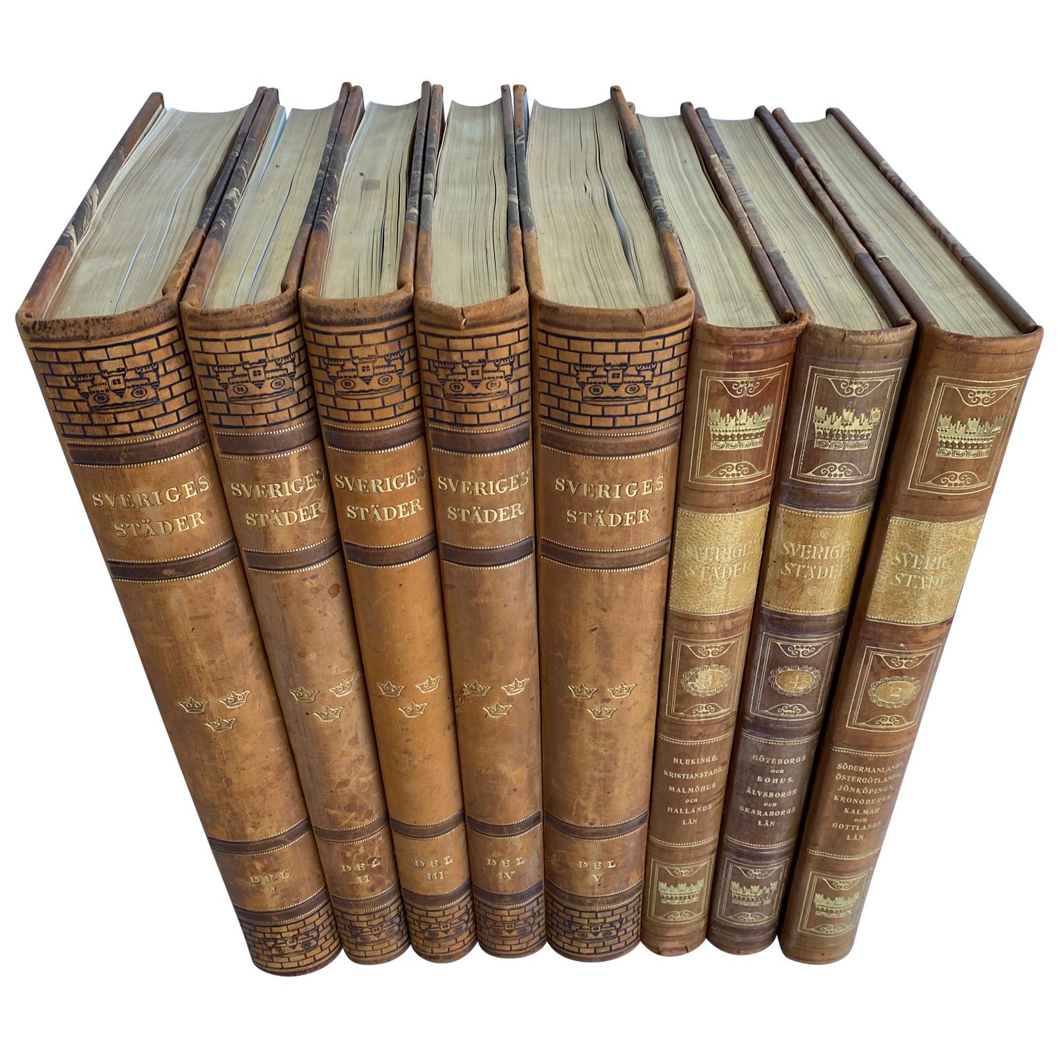 Dekorative skandinavische antike ledergebundene Bücher (Schwedisch) im Angebot