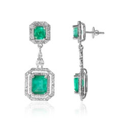 8ct Natural Emerald & Diamond Double Halo Dangle Earrings in 18K White Gold