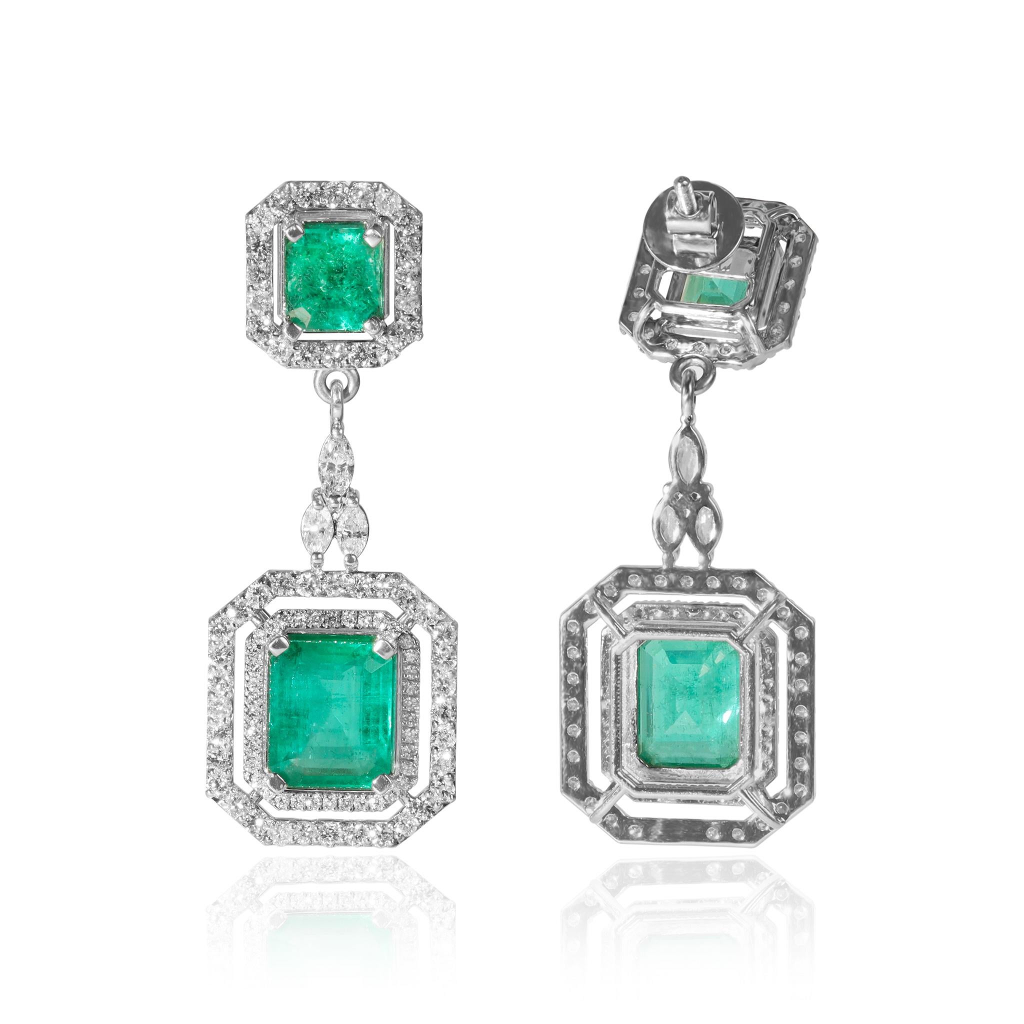 Emerald Cut 8 TCW Exceptional Natural Emerald Diamond Dangle Earrings, Halo Diamond 18k gold For Sale