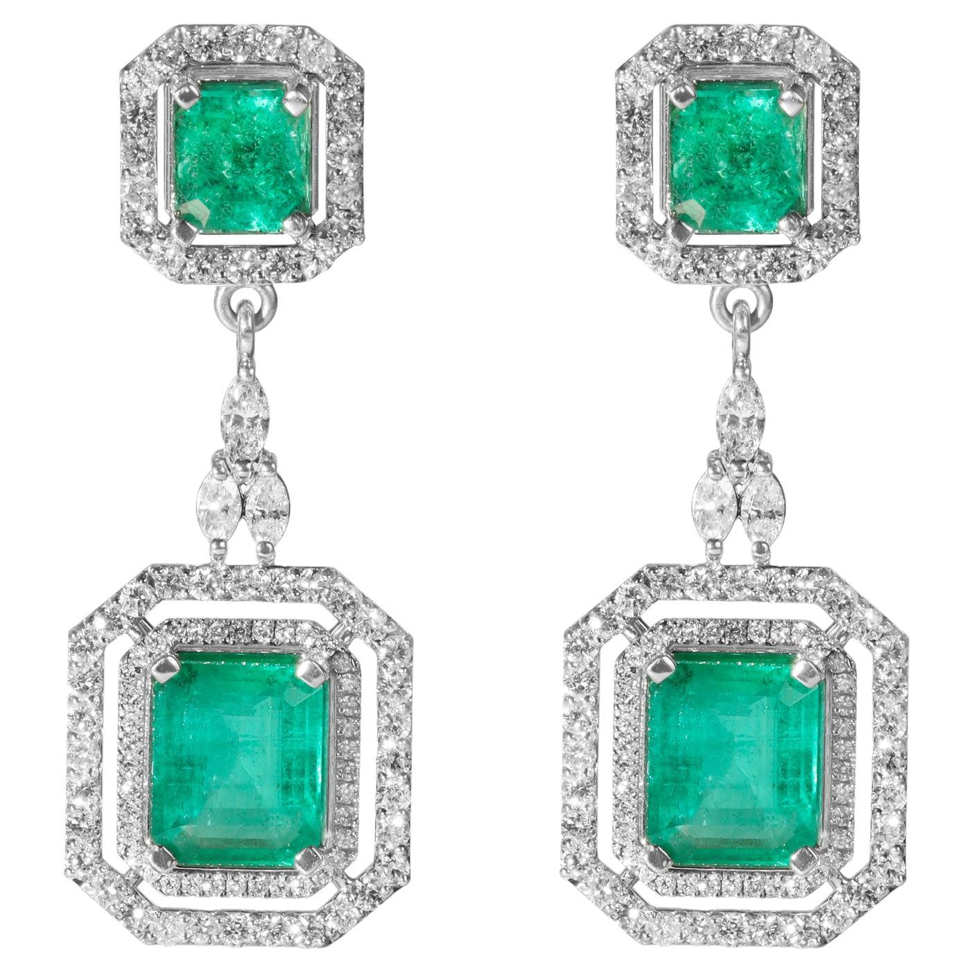 8 TCW Exceptional Natural Emerald Diamond Dangle Earrings, Halo Diamond 18k gold