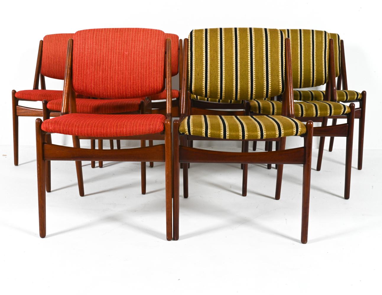 Experience the epitome of Danish craftsmanship with this exquisite set of (8) 'Ella' dining chairs, designed by the renowned Arne Vodder and Anton Borg and produced by Vamo Møbelfabrik in the 1960's. Crafted with precision and elegance, these chairs