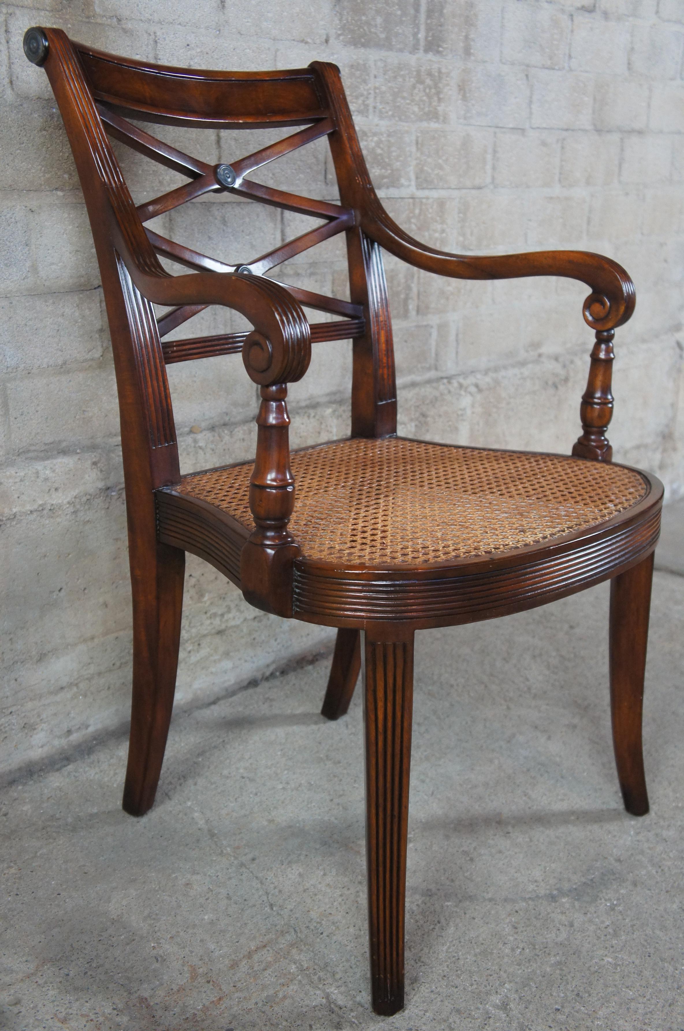 20th Century 8 Theodore Alexander Flamed Mahogany X Back Caned Regency Dining Chairs 4100-902