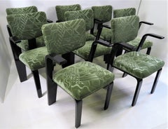 8 Thonet 1940s Armed Dining Chairs Art Deco Mohair & Black Lacquer