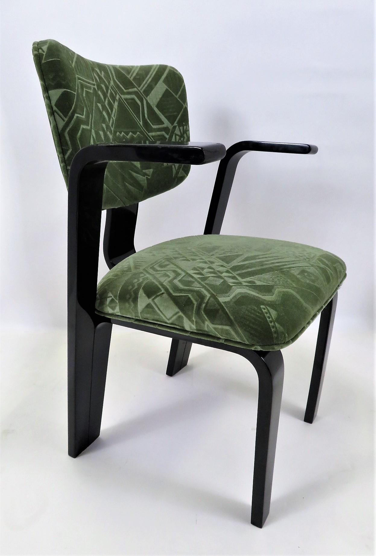 Lacquered 8 Thonet 1940s Armed Dining Chairs Art Deco Mohair & Black Lacquer