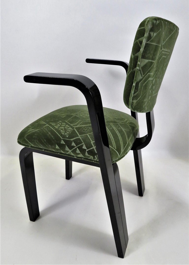 8 Thonet 1940s Armed Dining Chairs Art Deco Mohair & Black Lacquer For Sale 1