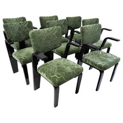 8 Thonet 1940s Armed Dining Chairs Art Deco Mohair & Black Lacquer