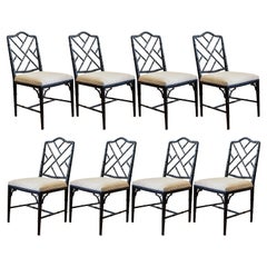 8 Upholstered Faux Bois Bamboo Chinese Chippendale Dining Chairs / 32 Available