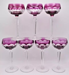 8 Val Saint Lambert Purple Petal Shaped Cut Glass Crystal Hock Wine Glasses