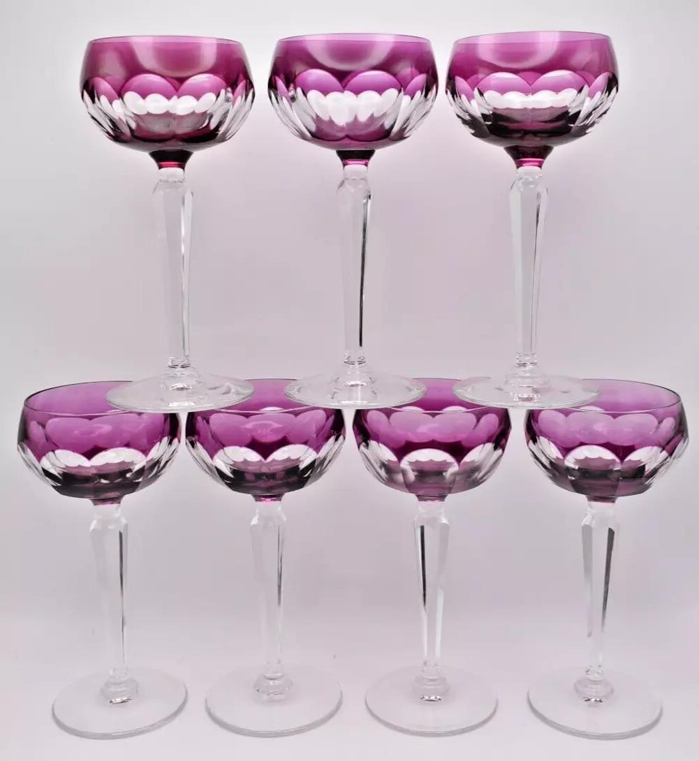 8 Val Saint Lambert Purple Petal Shaped Cut Glass Crystal Hock Wine Glasses In Excellent Condition For Sale In London, GB