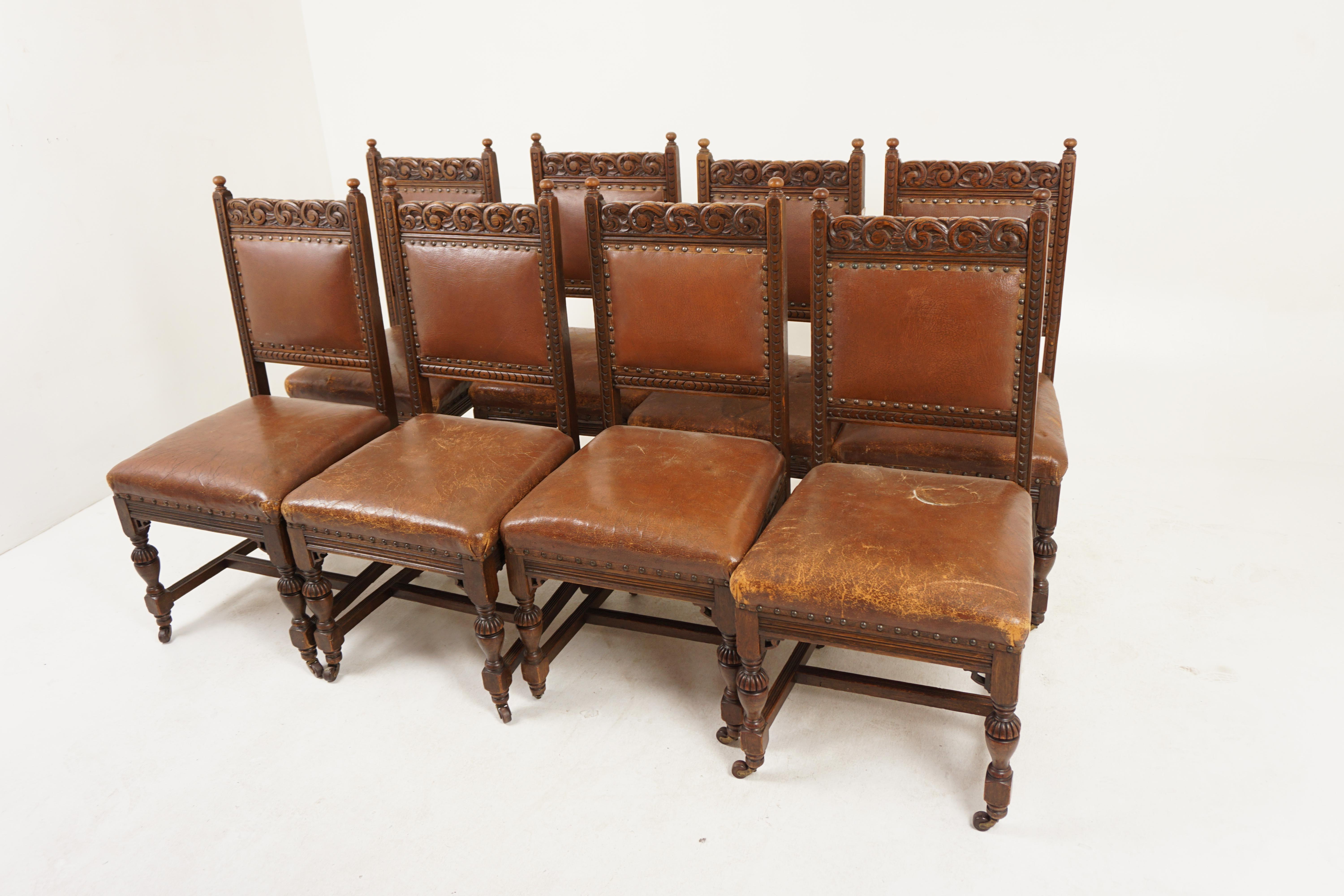 8 Heavily Carved Victorian Oak Upholstered Dining Chairs, Scotland 1880, H956

Scotland 1890
Solid Oak
Original finish
Carved top rail with supports on the ends
Padded backrest with upholstered leather seat
All standing on two turned front legs and