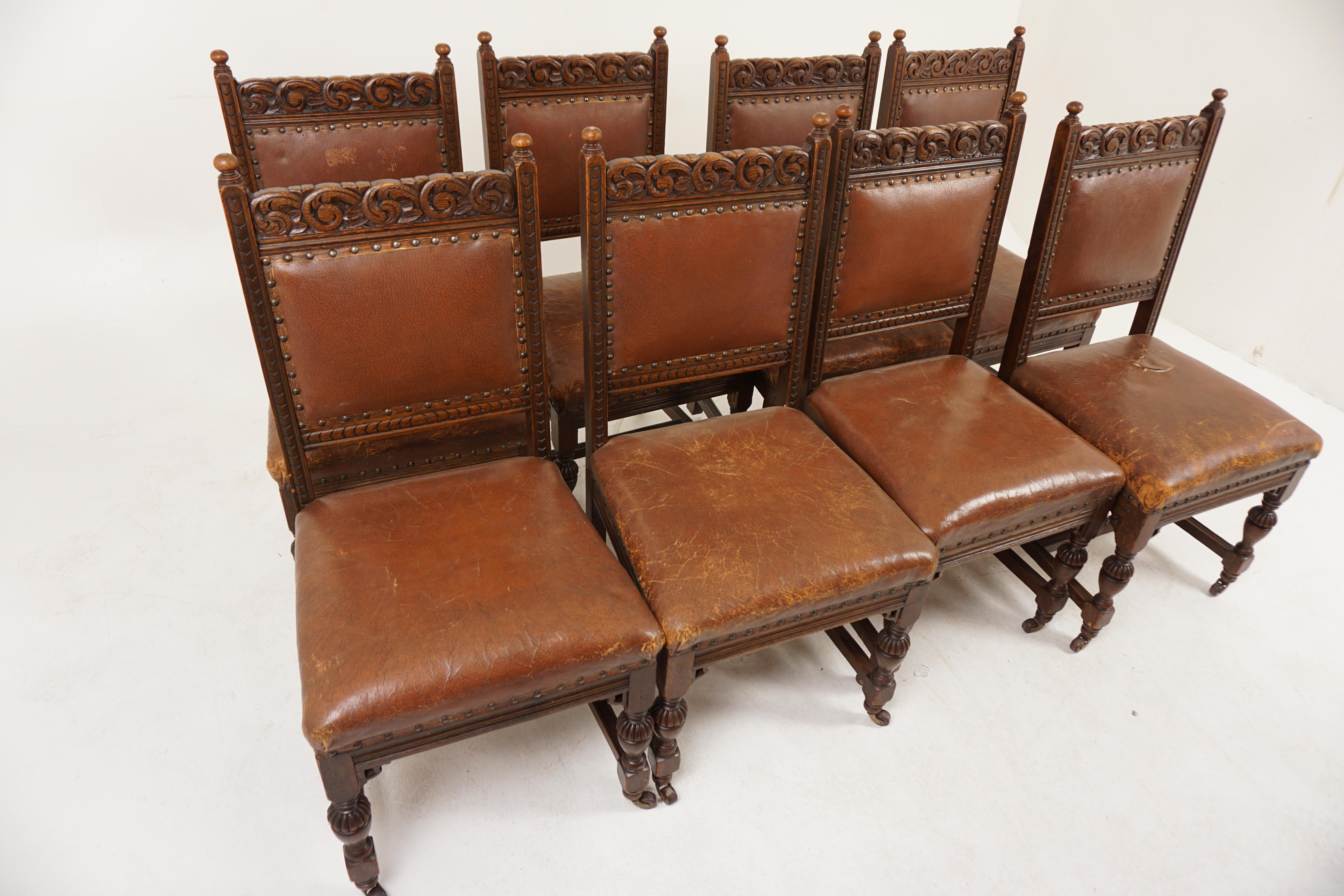 Scottish 8 Victorian Carved Oak Leather Dining Chairs, Scotland 1890, H956