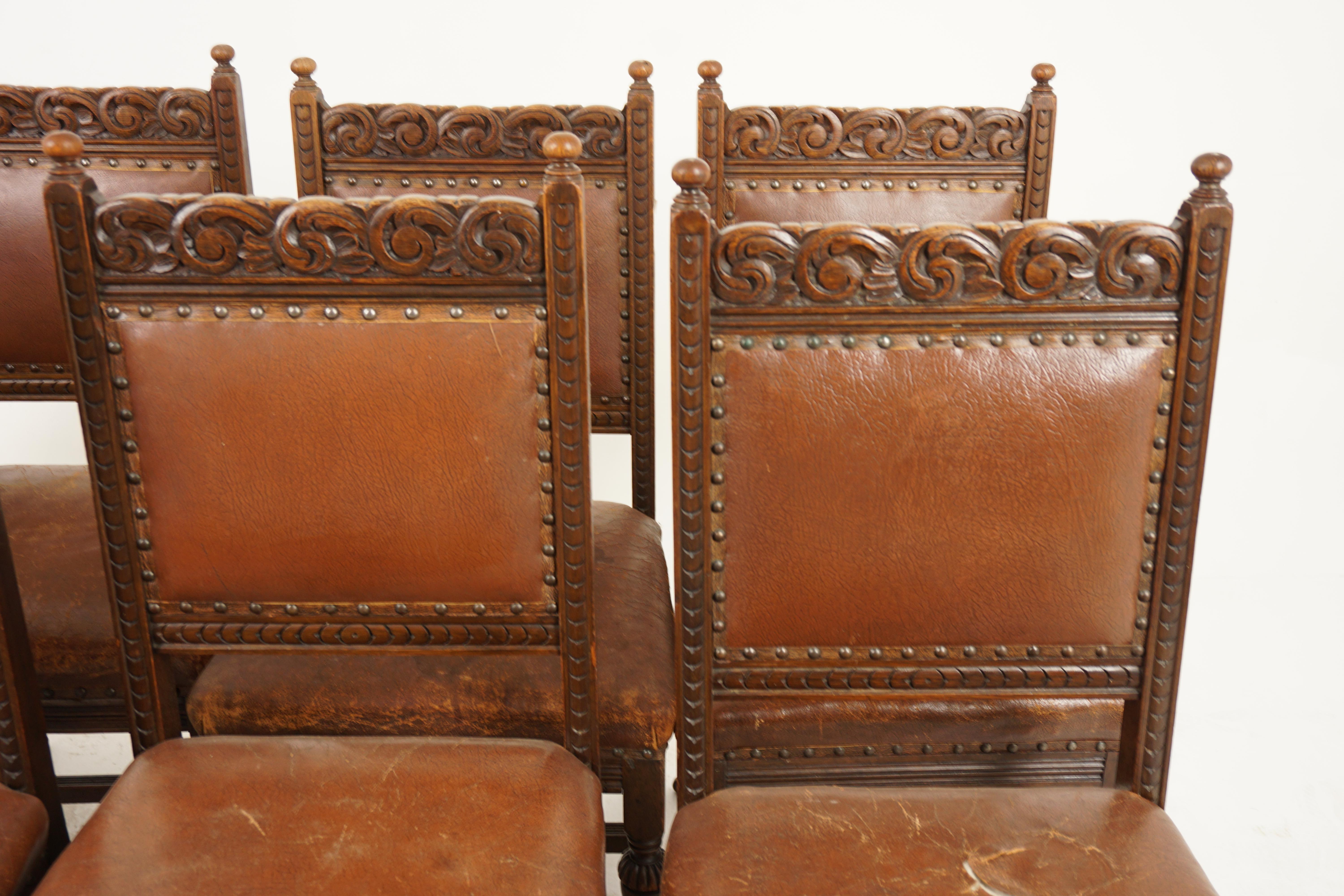 Hand-Crafted 8 Victorian Carved Oak Leather Dining Chairs, Scotland 1890, H956