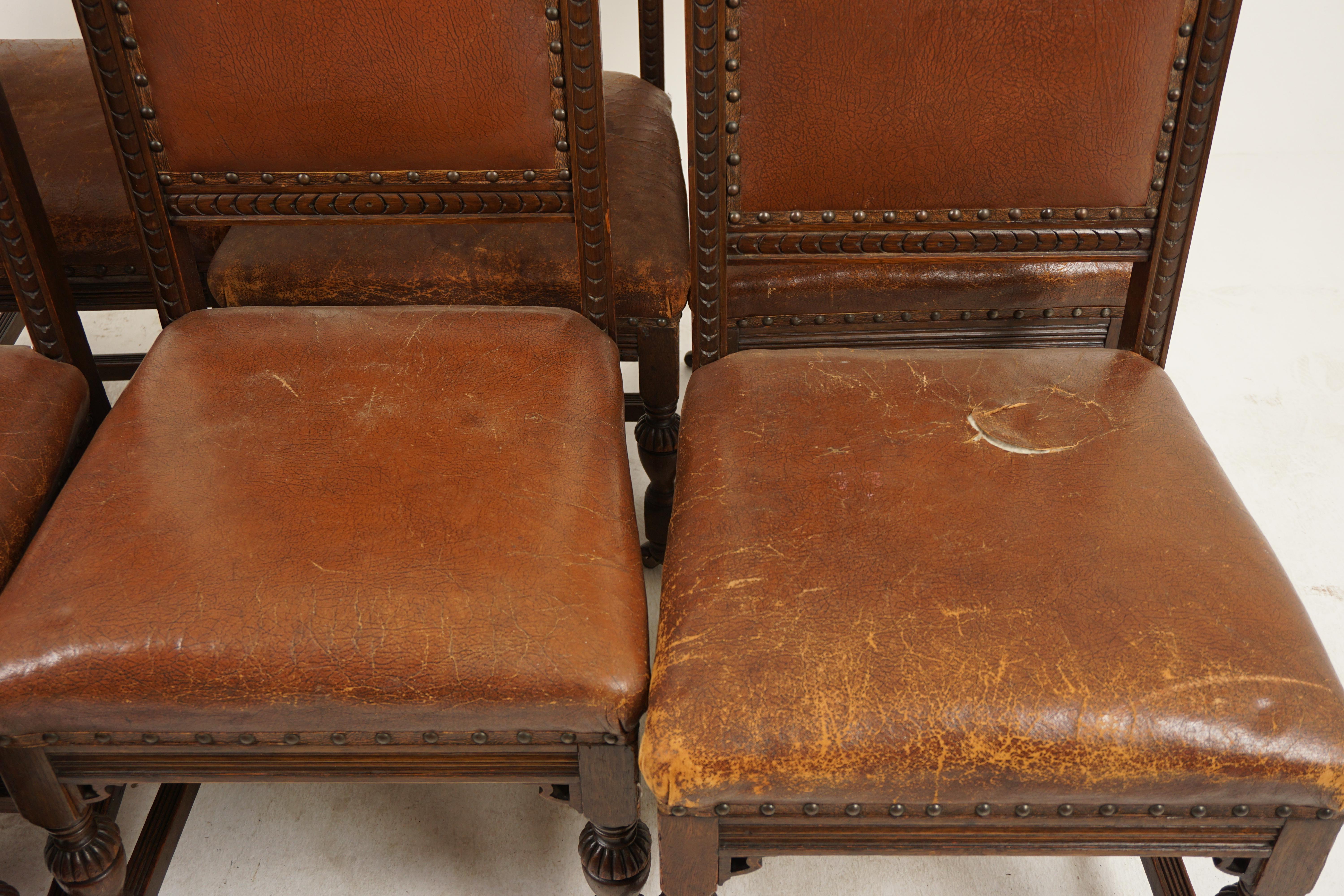 8 Victorian Carved Oak Leather Dining Chairs, Scotland 1890, H956 In Good Condition In Vancouver, BC