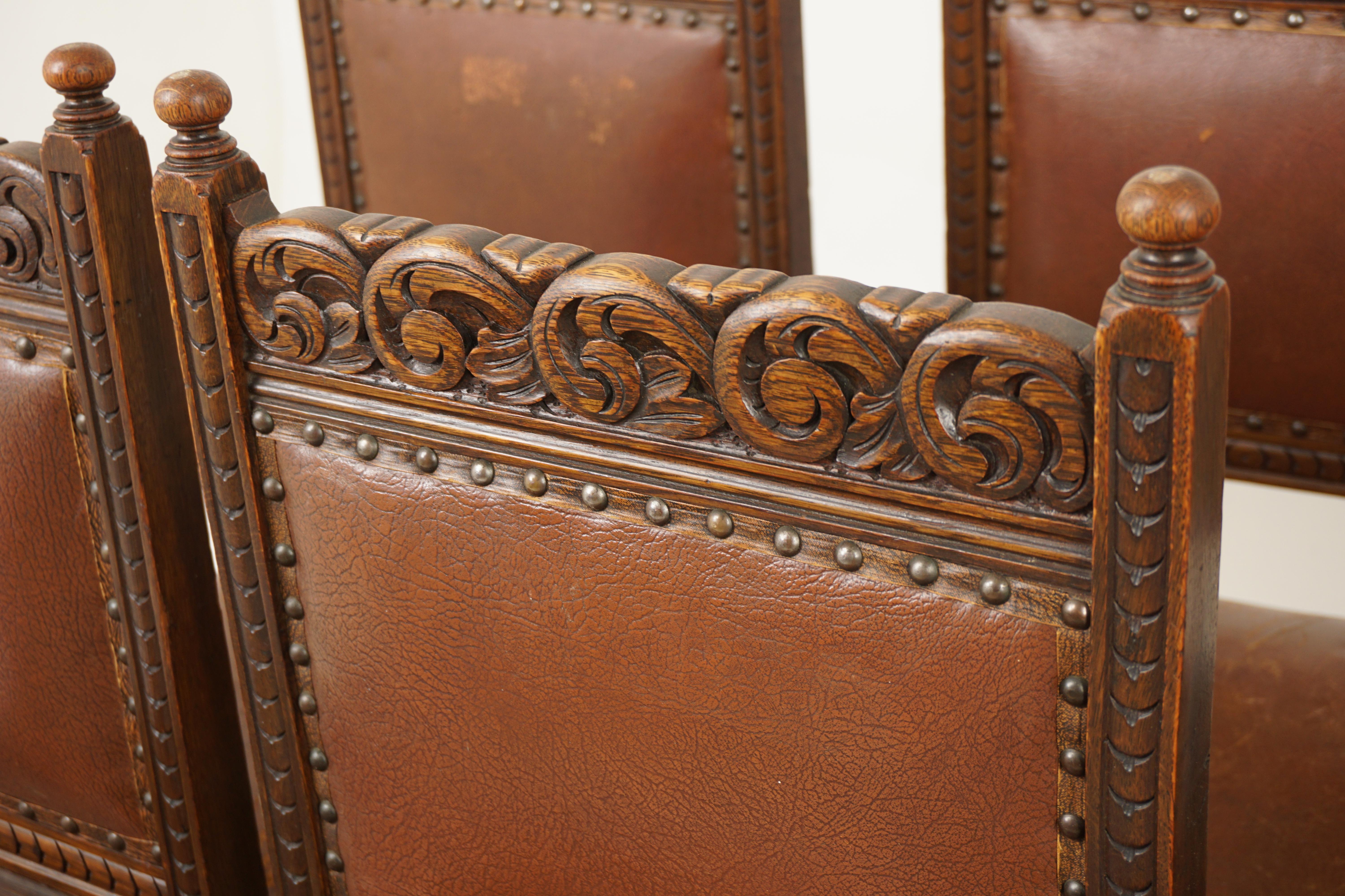 Late 19th Century 8 Victorian Carved Oak Leather Dining Chairs, Scotland 1890, H956