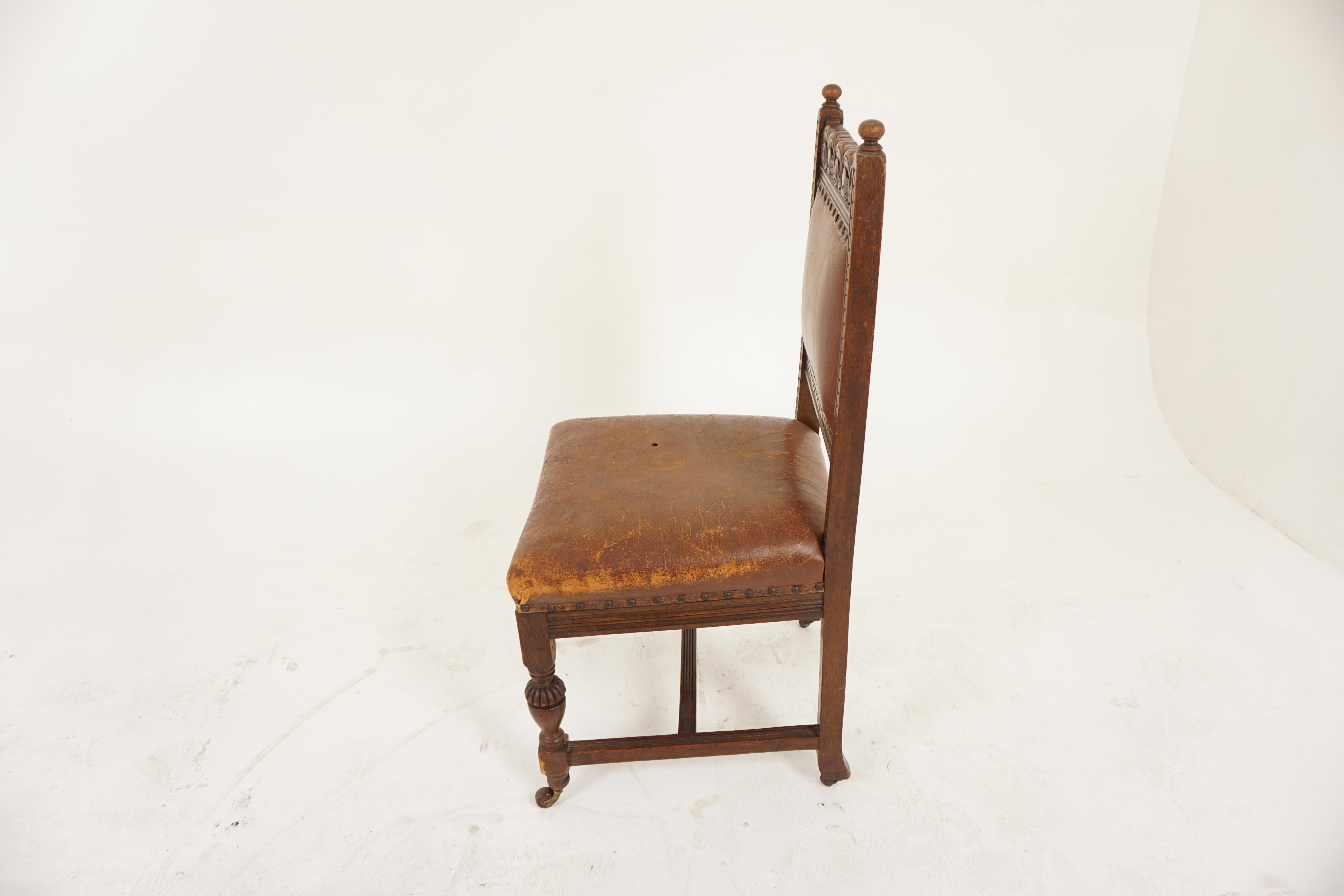 8 Victorian Carved Oak Leather Dining Chairs, Scotland 1890, H956 2