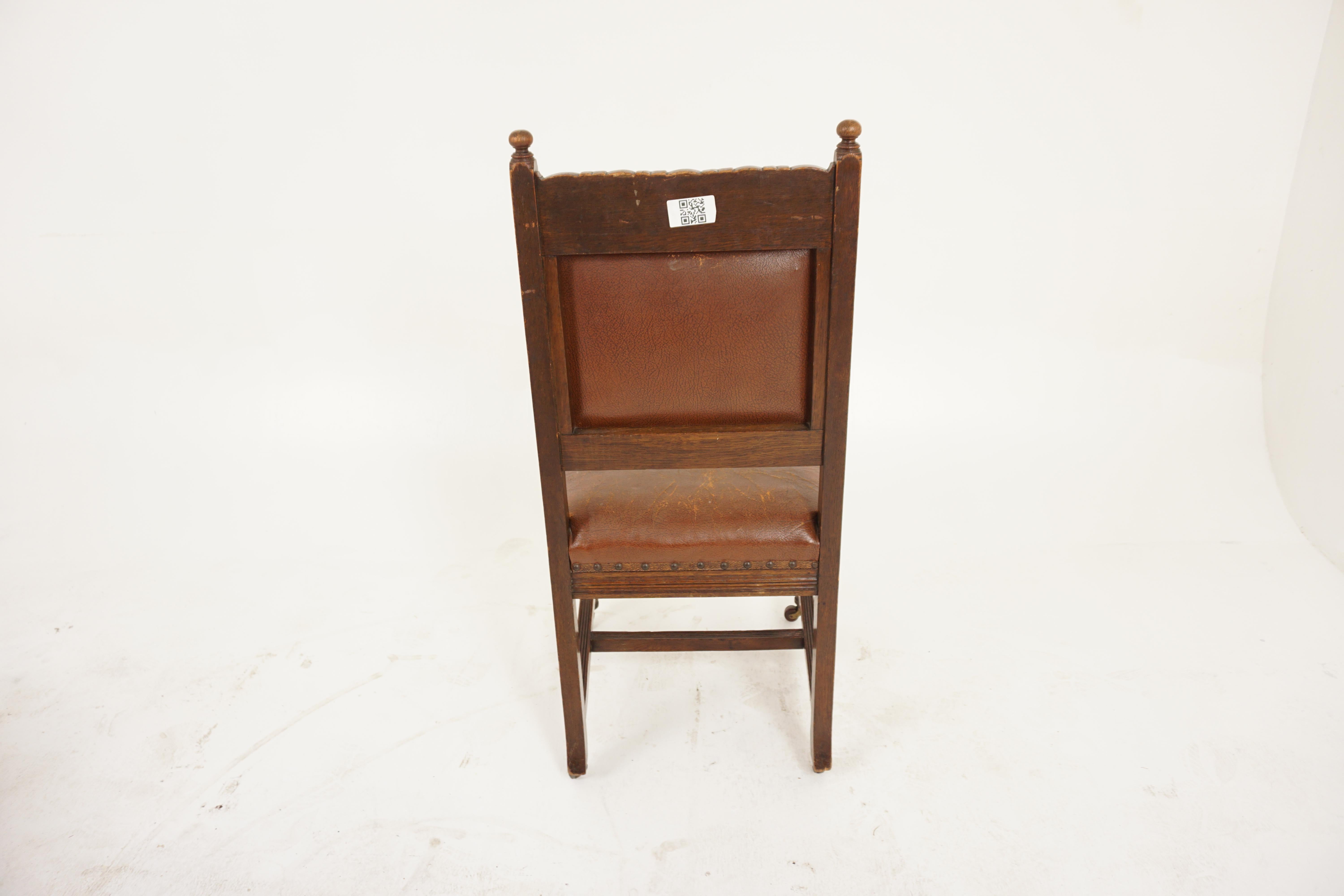 8 Victorian Carved Oak Leather Dining Chairs, Scotland 1890, H956 3