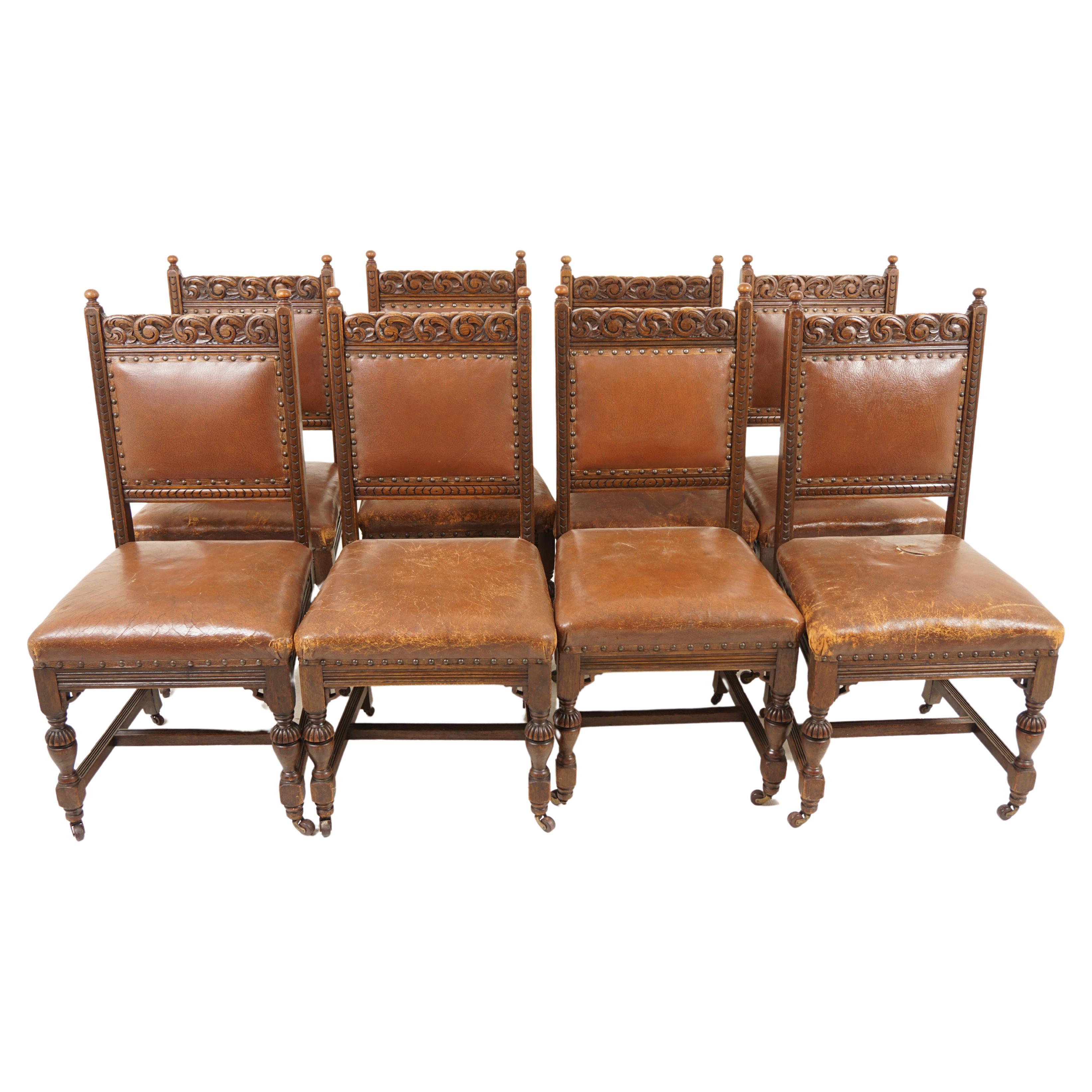 8 Victorian Carved Oak Leather Dining Chairs, Scotland 1890, H956