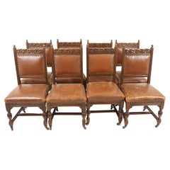 8 Victorian Carved Oak Leather Dining Chairs, Scotland 1890, H956