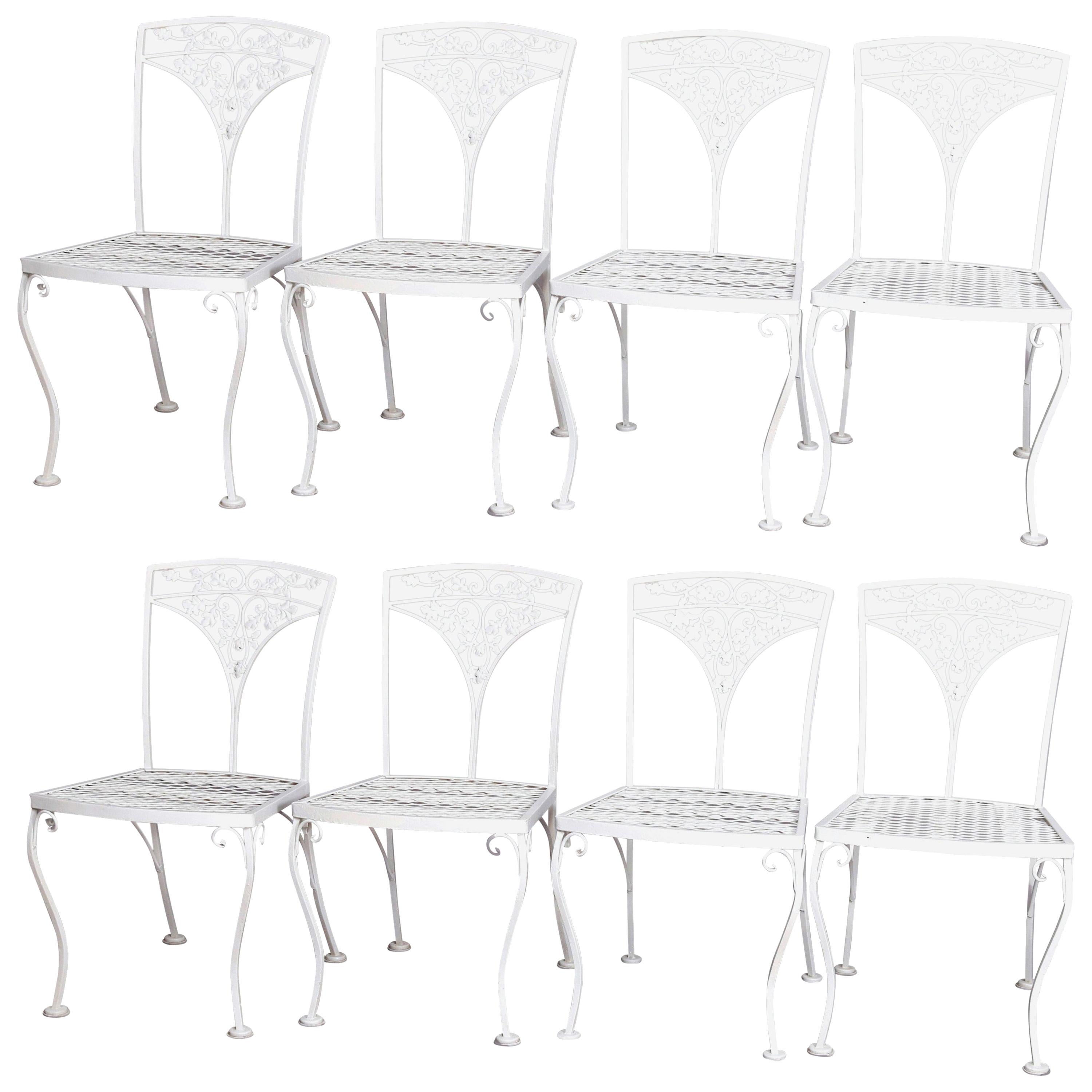 8 Victorian Style Wrought Iron Foliate Form White Painted Patio Chairs