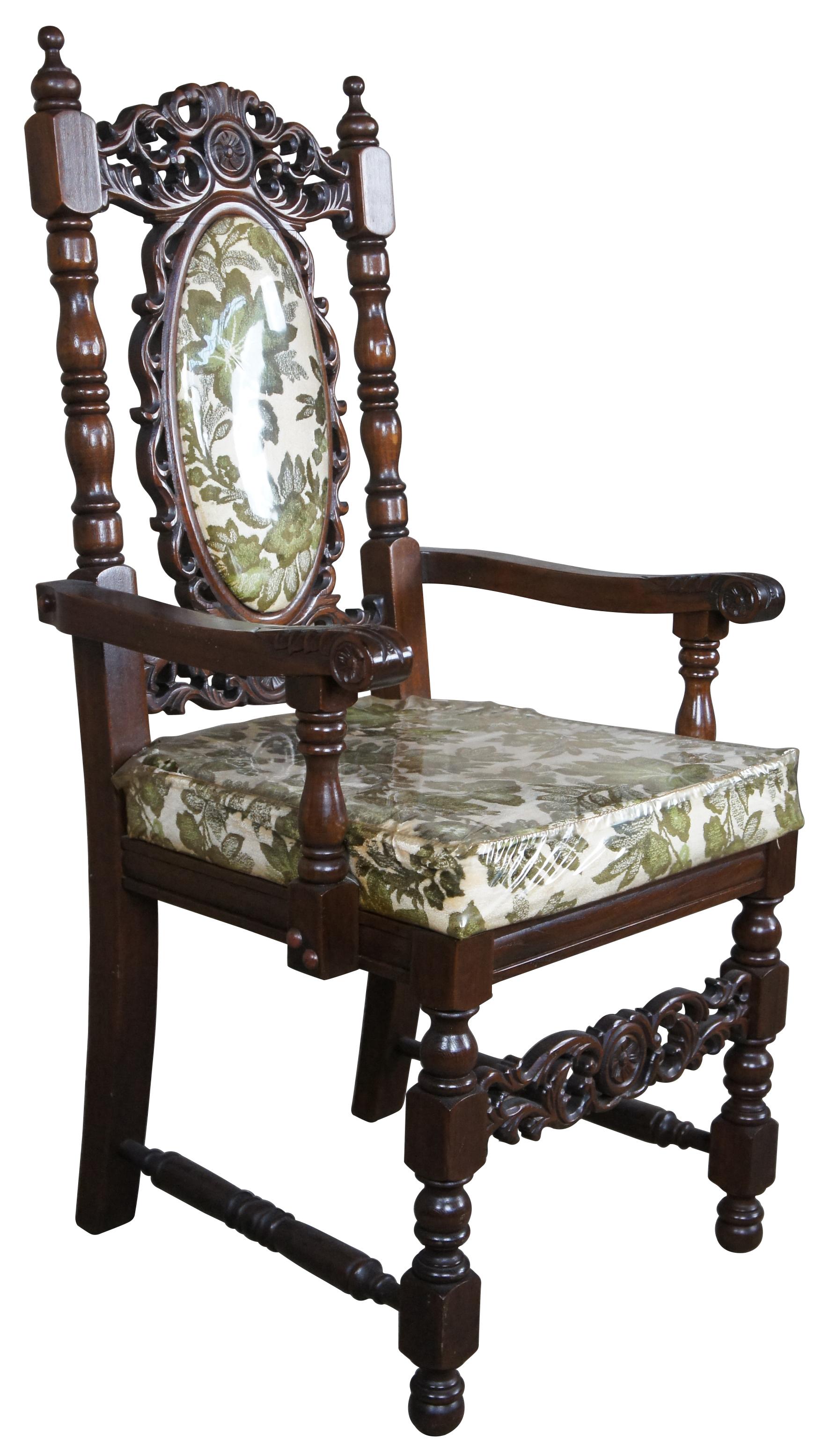 8 Vintage 20th Century Charles II Carolean Style Carved Oak Dining Room Chairs In Good Condition For Sale In Dayton, OH