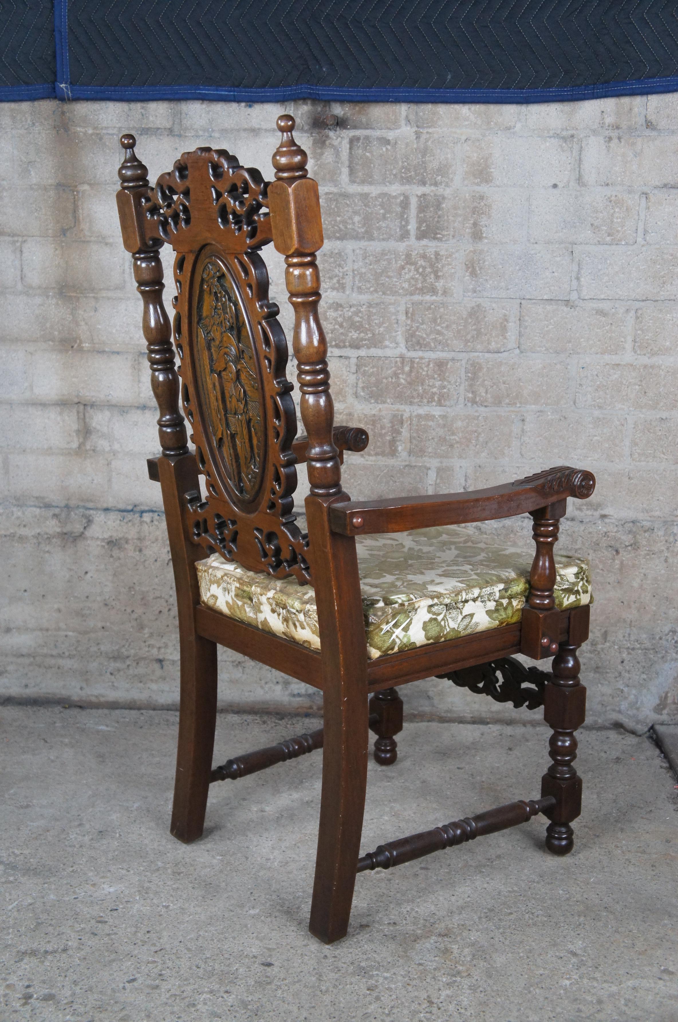 8 Vintage 20th Century Charles II Carolean Style Carved Oak Dining Room Chairs For Sale 3