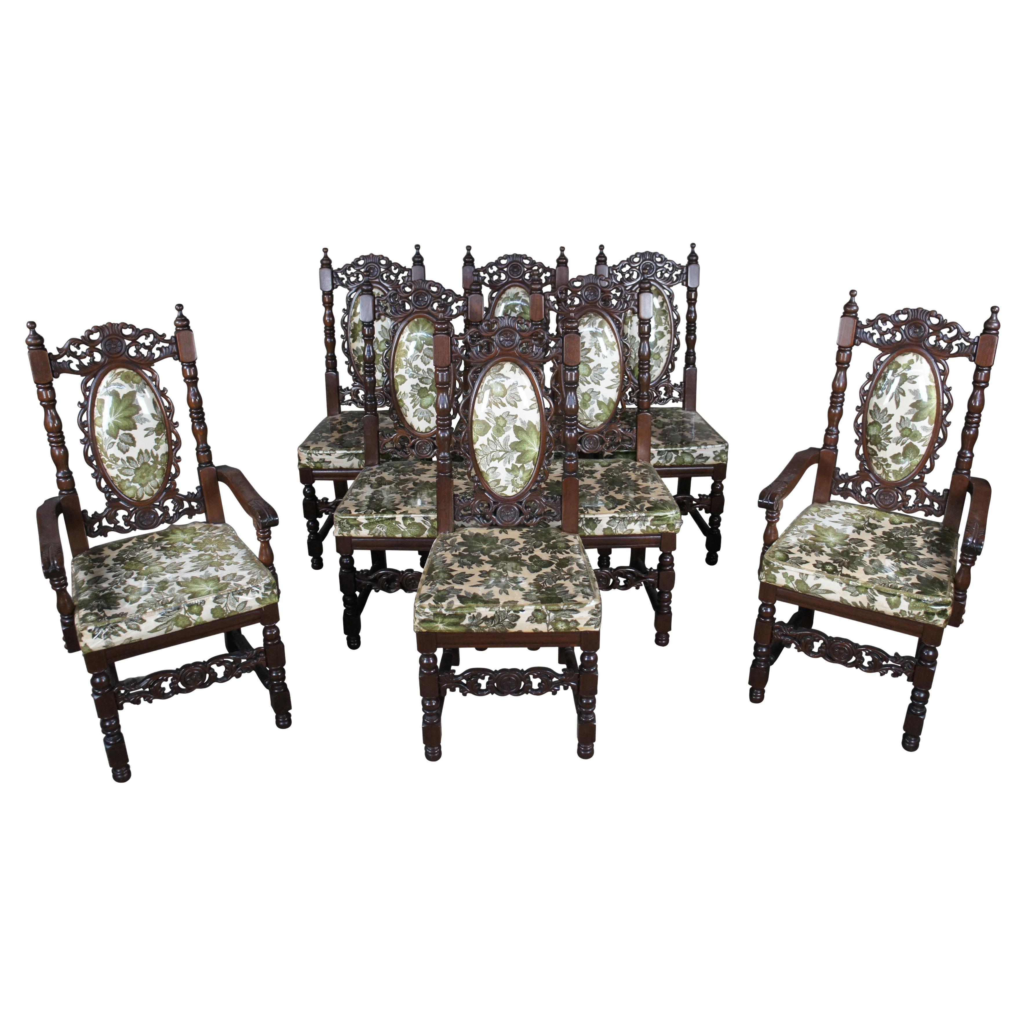 8 Vintage 20th Century Charles II Carolean Style Carved Oak Dining Room Chairs For Sale