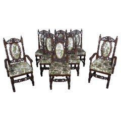 8 Vintage 20th Century Charles II Carolean Style Carved Oak Dining Room Chairs