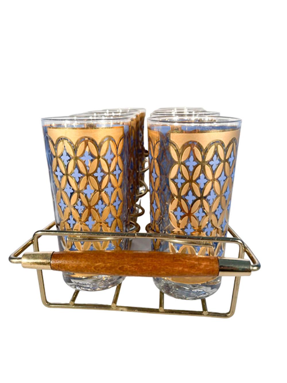 Mid-Century Modern 8 Vintage 22k Gold over Blue Enamel Highball Glasses Designed by Irene Pasinski