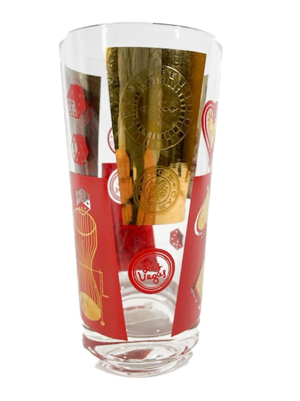 Mid-Century Modern 8 Vintage 22k Gold & Red Enamel Las Vagas / Monte Carlo Casino Highball Glasses