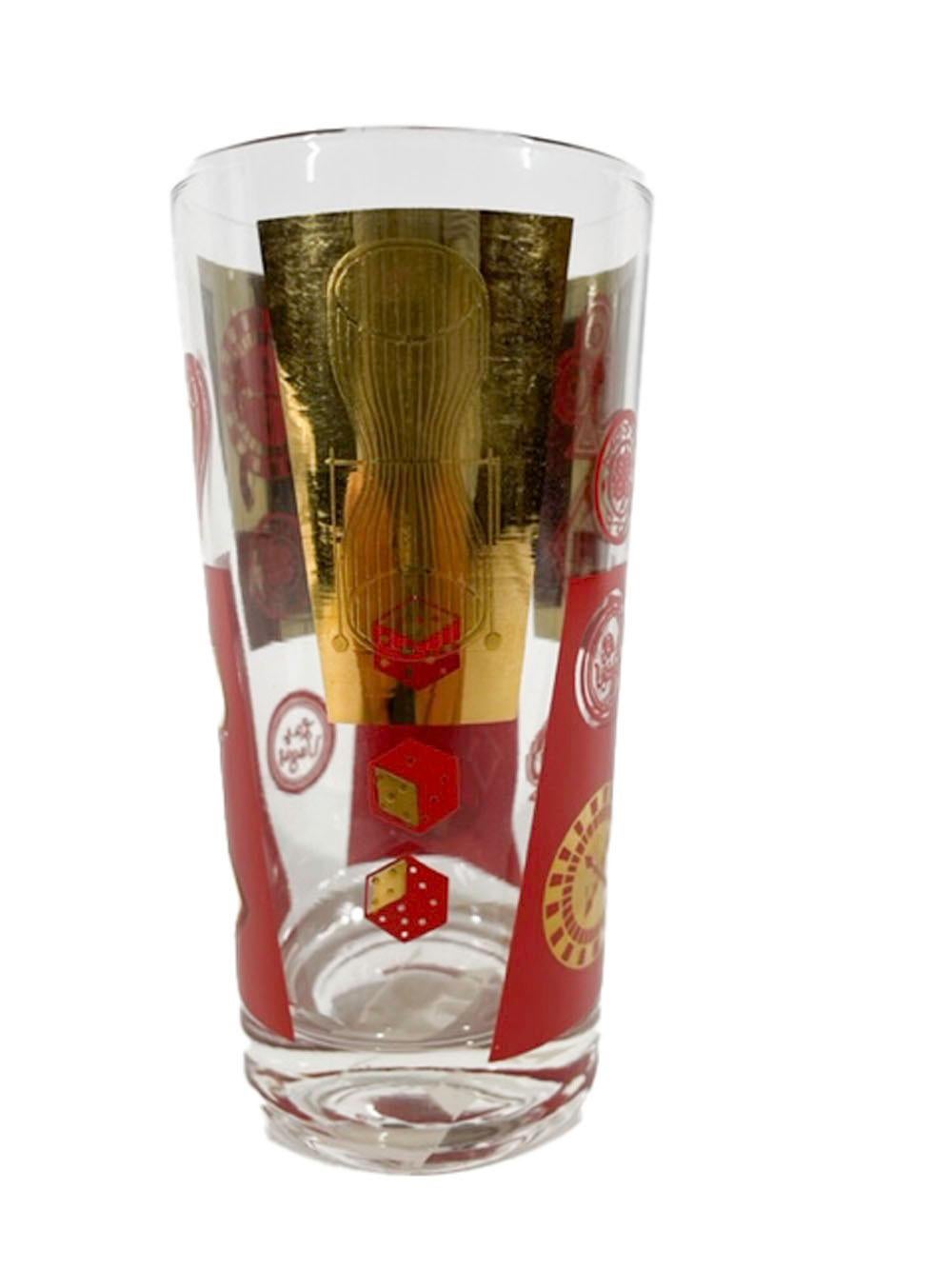 American 8 Vintage 22k Gold & Red Enamel Las Vagas / Monte Carlo Casino Highball Glasses For Sale