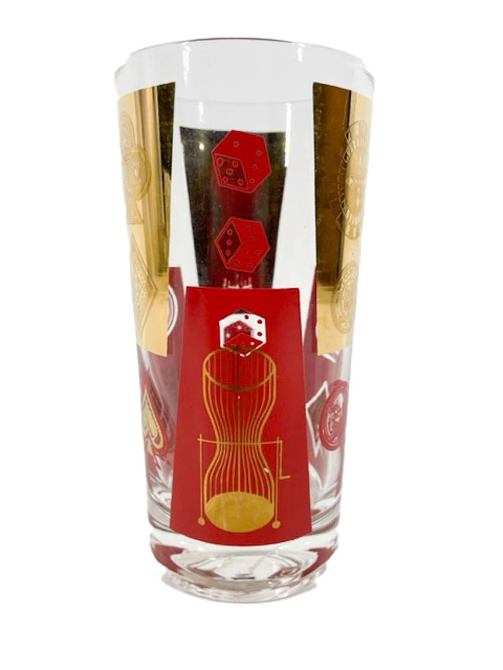 20th Century 8 Vintage 22k Gold & Red Enamel Las Vagas / Monte Carlo Casino Highball Glasses