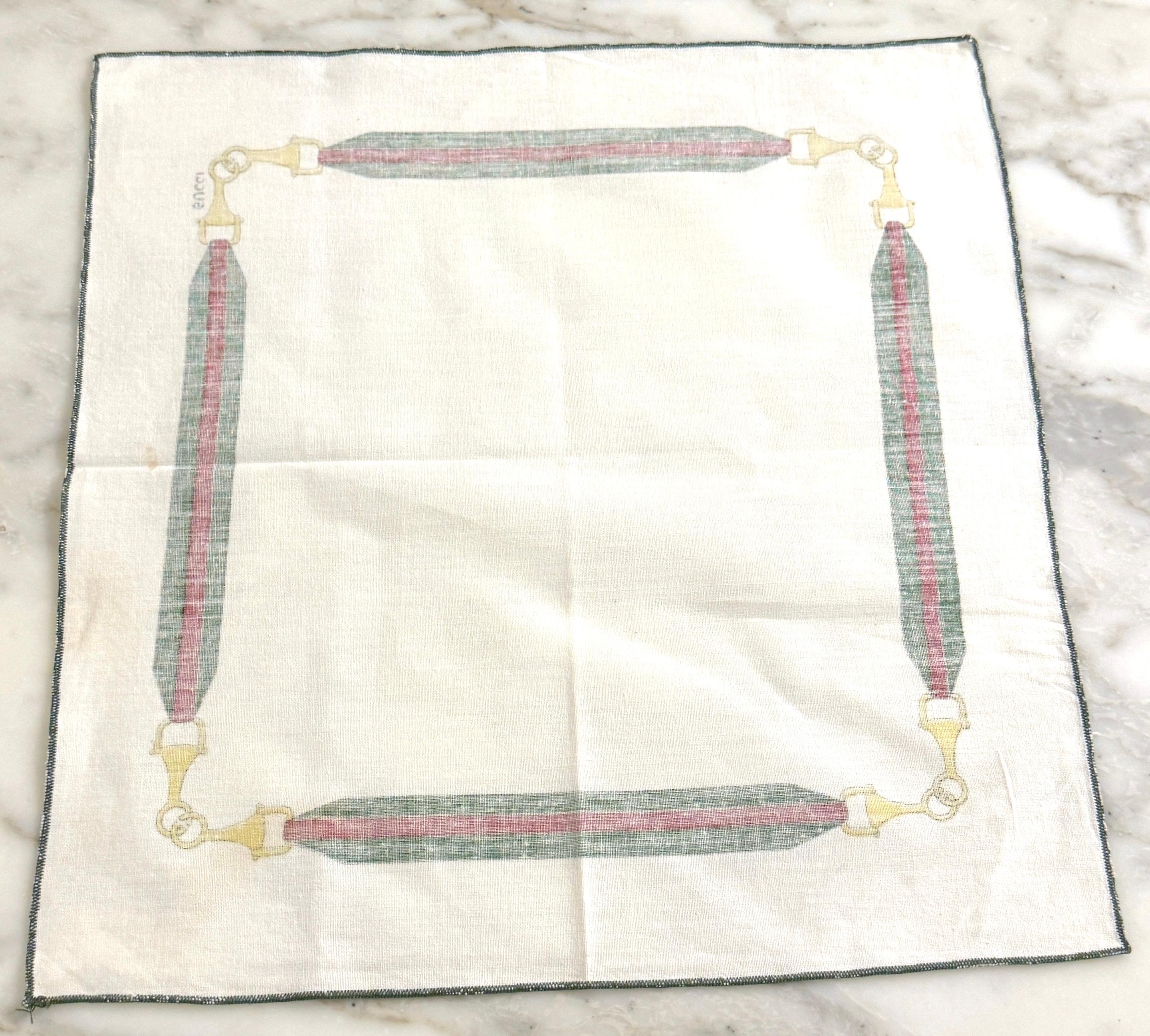 Cotton 8 Vintage Aldo Gucci Equestrian Napkins with Horsebit Motif, Signed, 1980s For Sale