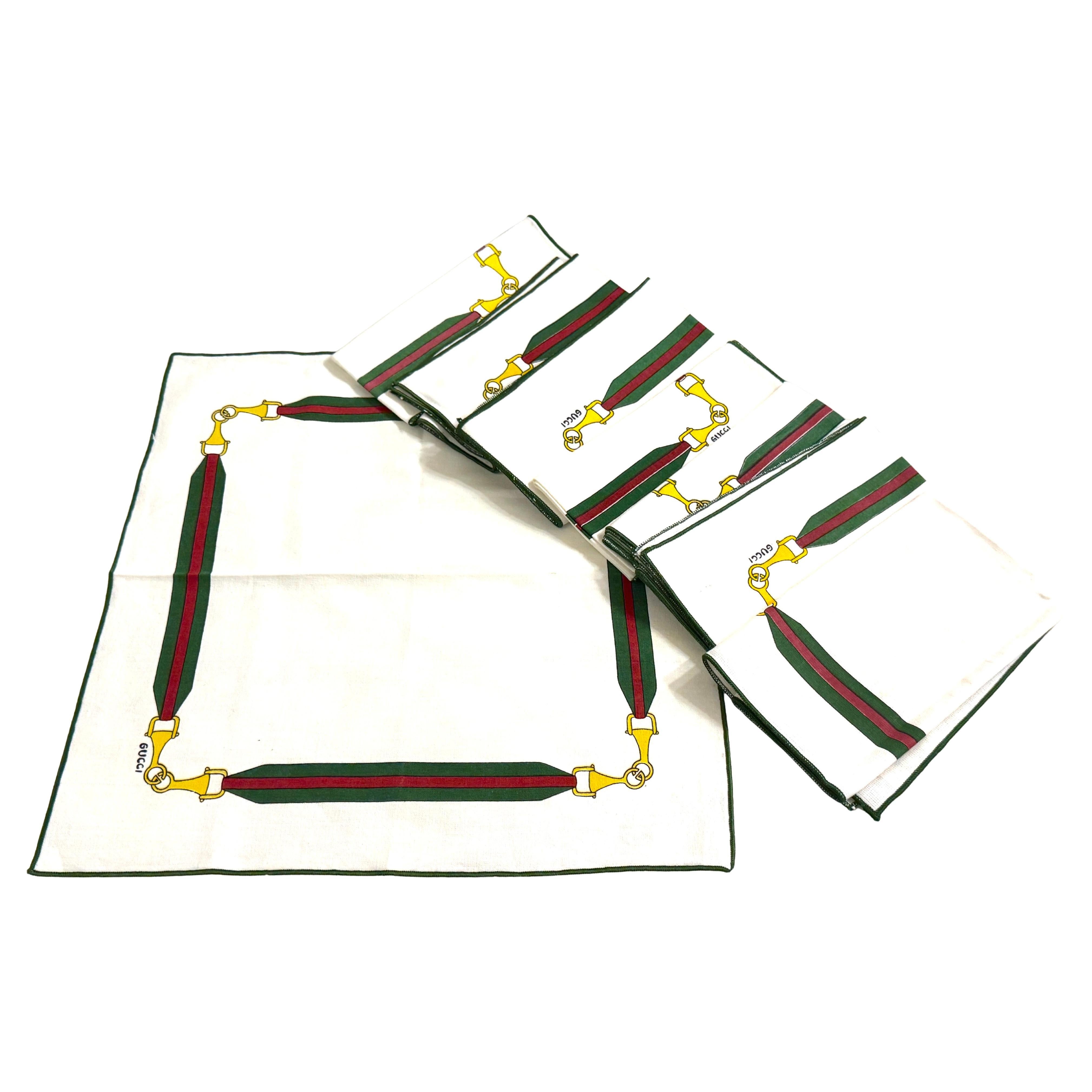 8 Vintage Aldo Gucci Equestrian Napkins with Horsebit Motif, Signed, 1980s For Sale