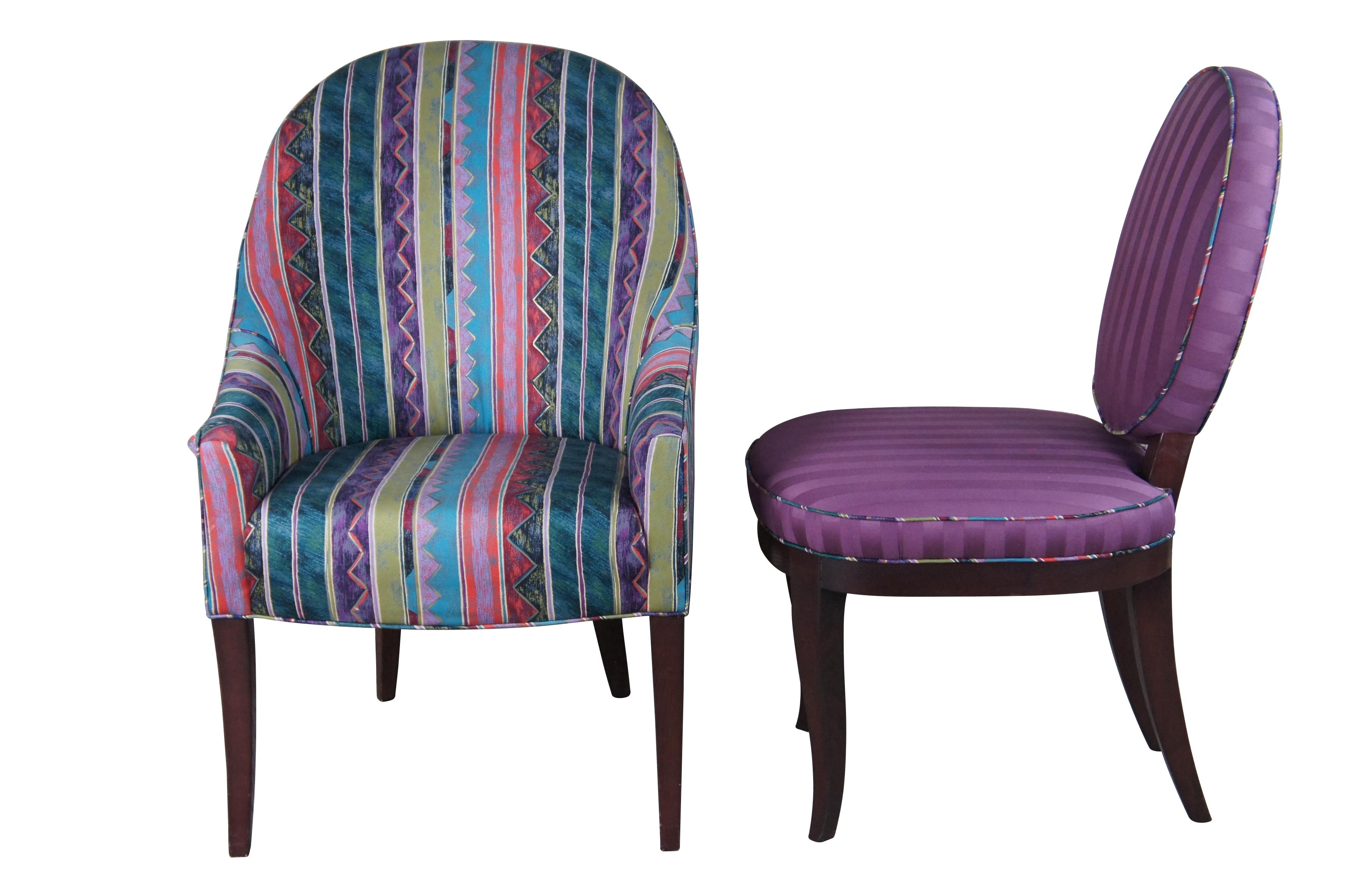 Set of eight vintage Baker Furniture dining chairs.  The side chairs feature an oval back with striped purple upholstery, the captains feature spoon back design with sloped arm and contemporary multicolor design which is also used for the cording on